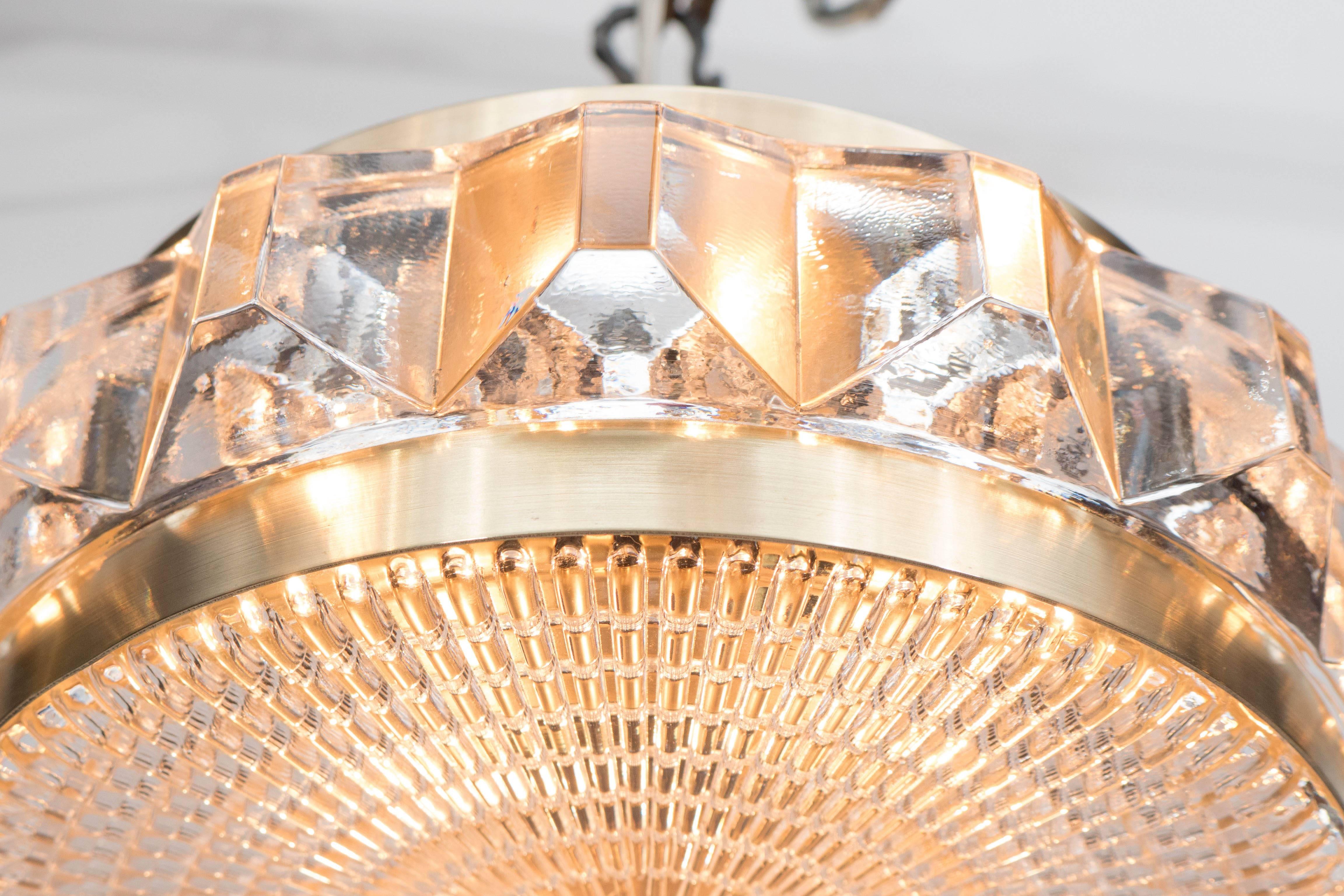 Copper Flush Mount Chandelier with Textured Glass and Brass Fittings by Orrefors