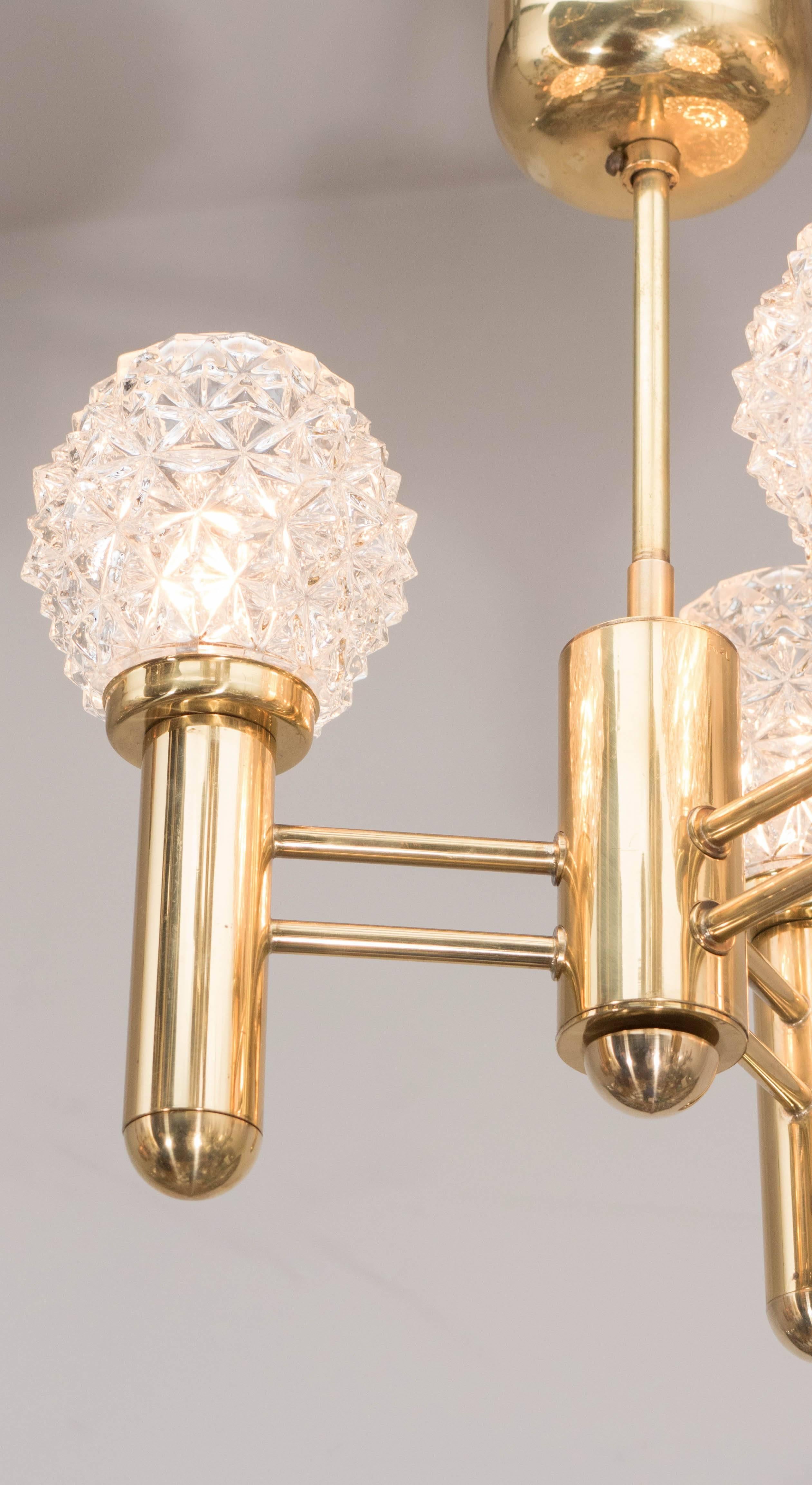 German Mid-Century Modern Three-Arm Brass Chandelier with Faceted Glass Globes For Sale