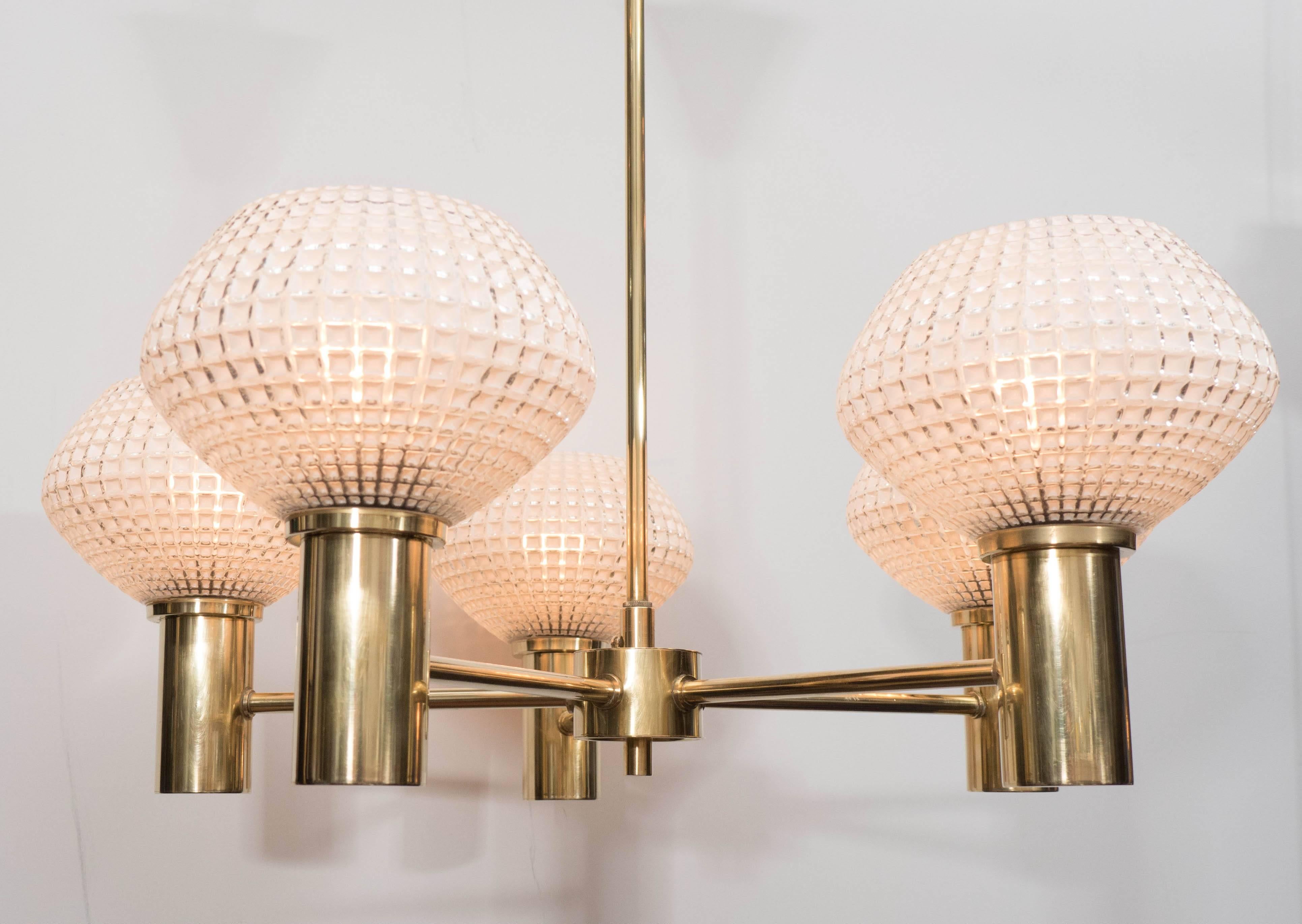Mid-Century Modernist 5-Arm Polished Brass Chandelier with Textured Glass Globes 3
