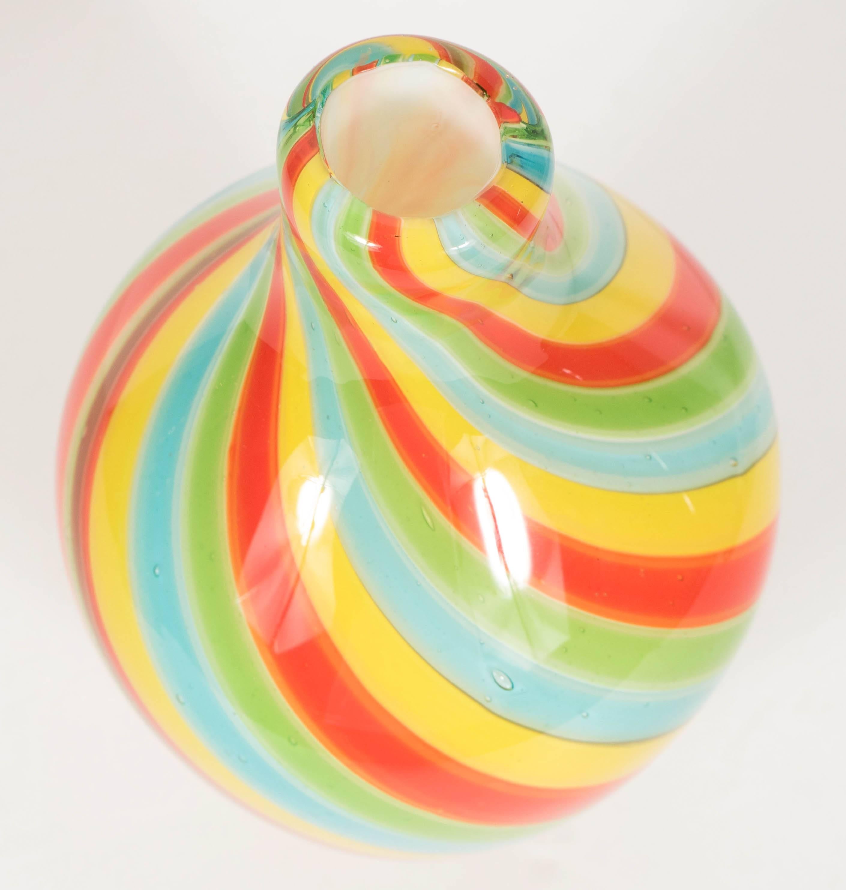 Italian Radiant Murano Vase in Multi-Colored Winding Striped Glass