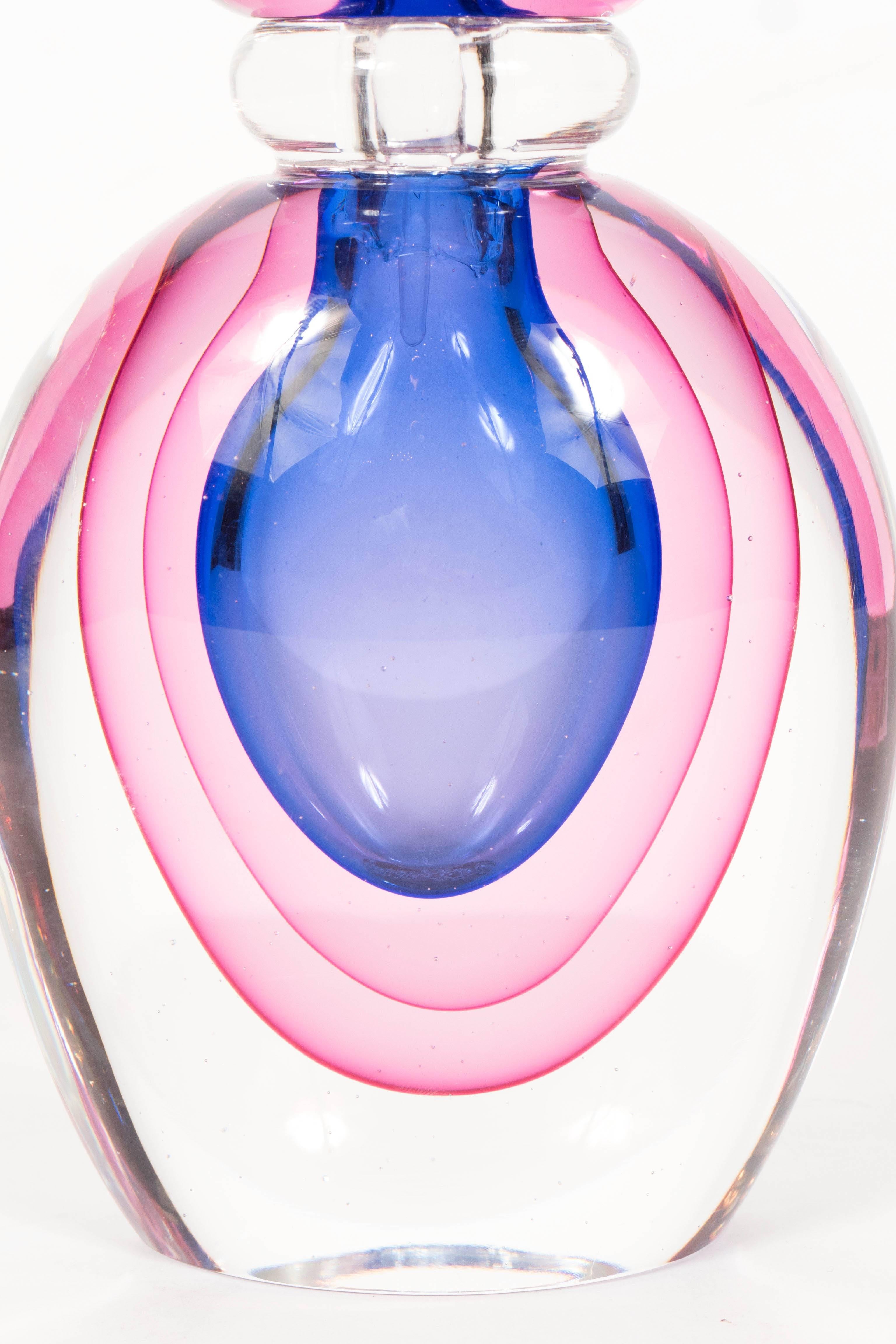 Chic Salviati Sommerso Murano perfume bottle in blue, pink and clear glass. Layers of handblown glass are displayed in this oversized perfume bottle. Its top, which displays the same layers of color has an attached glass perfume applicator. This
