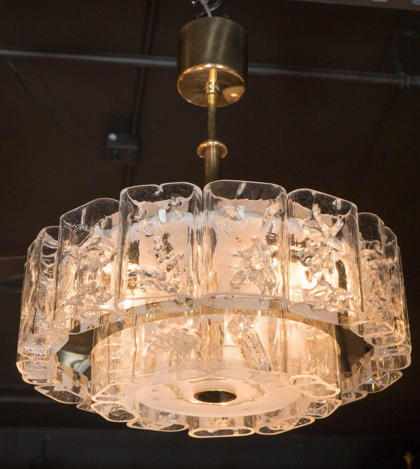 MidCentury Textured and Frosted Glass Sculptural Chandelier with Brass