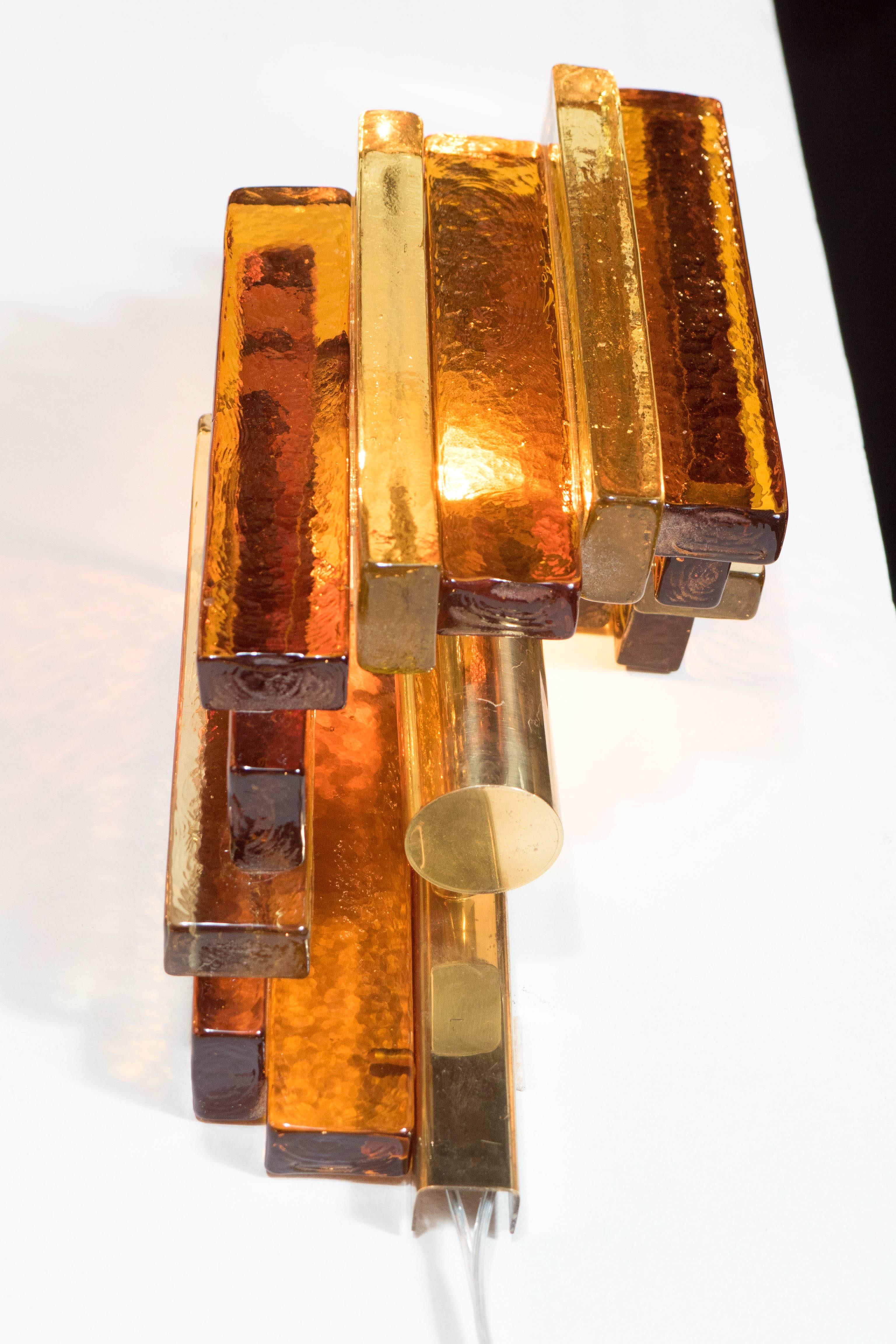 Danish Pair of Mid-Century Modernist Spiral Form Amber Glass Sconces by Hassel Teudt