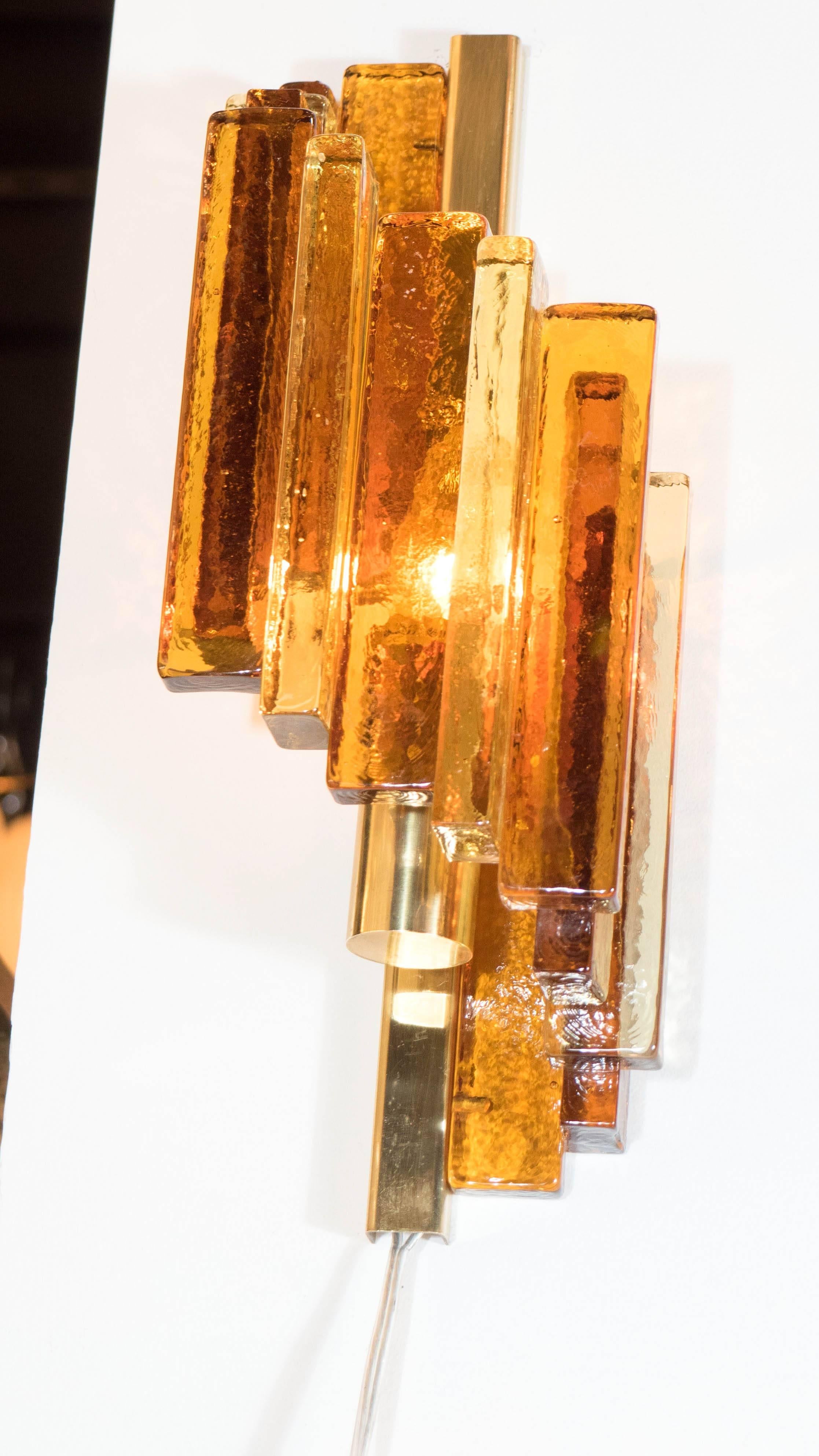 Blown Glass Pair of Mid-Century Modernist Spiral Form Amber Glass Sconces by Hassel Teudt