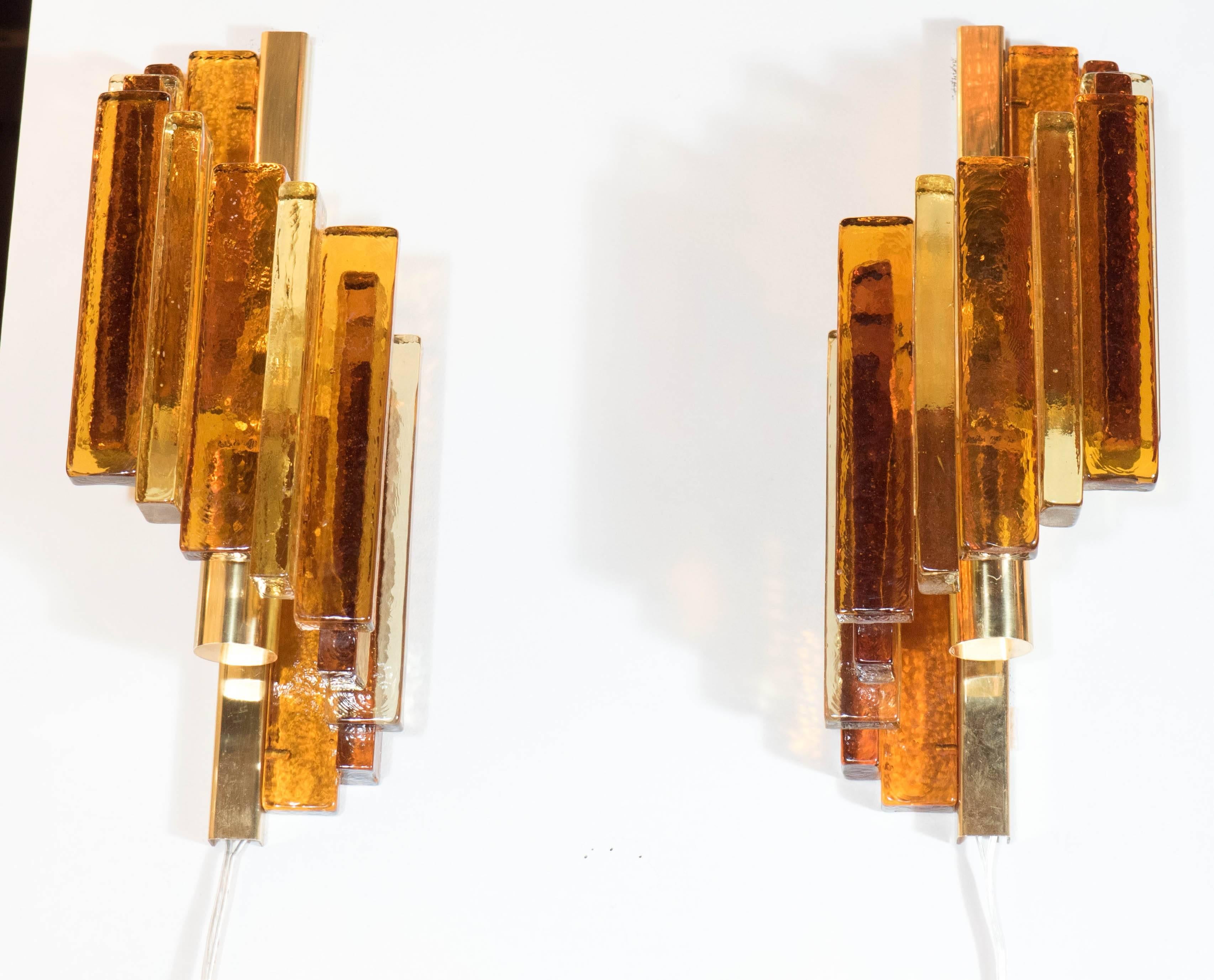 Pair of Mid-Century Modernist Spiral Form Amber Glass Sconces by Hassel Teudt 1