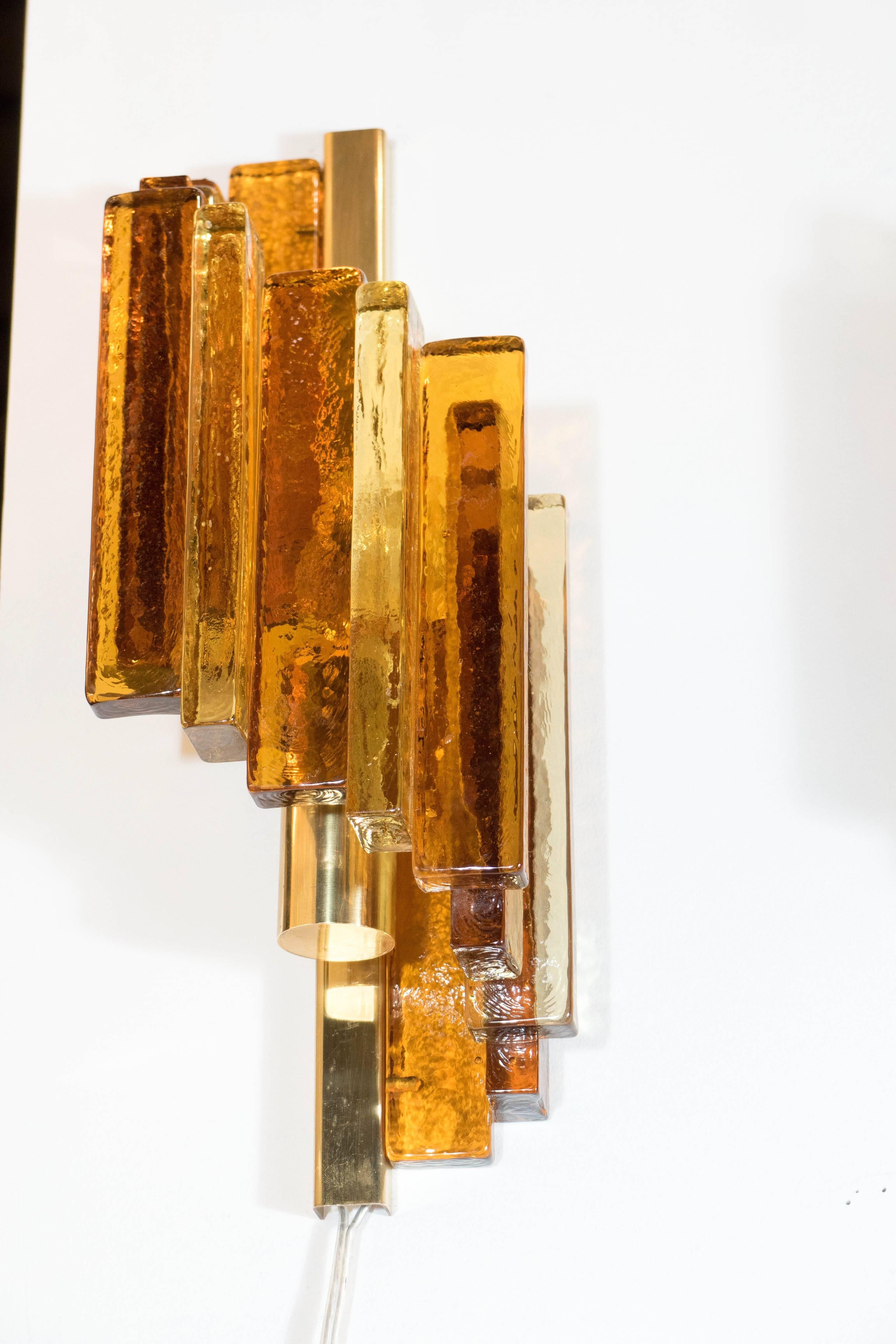 Pair of Mid-Century Modernist Spiral Form Amber Glass Sconces by Hassel Teudt 2