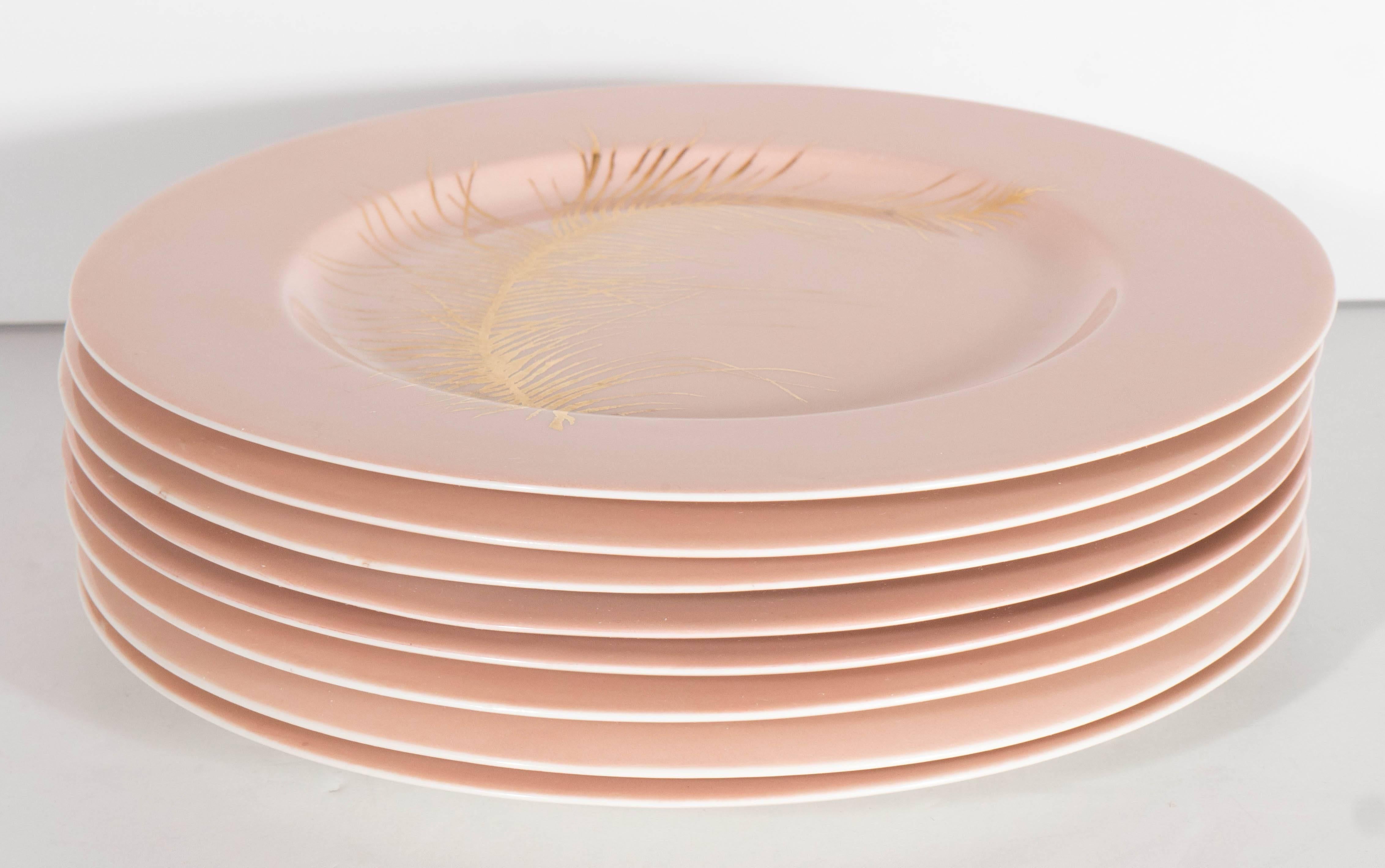 Mid-20th Century Set of Eight Dinner Plates in Salmon with 24k Gold Feather Detailing by Meissen