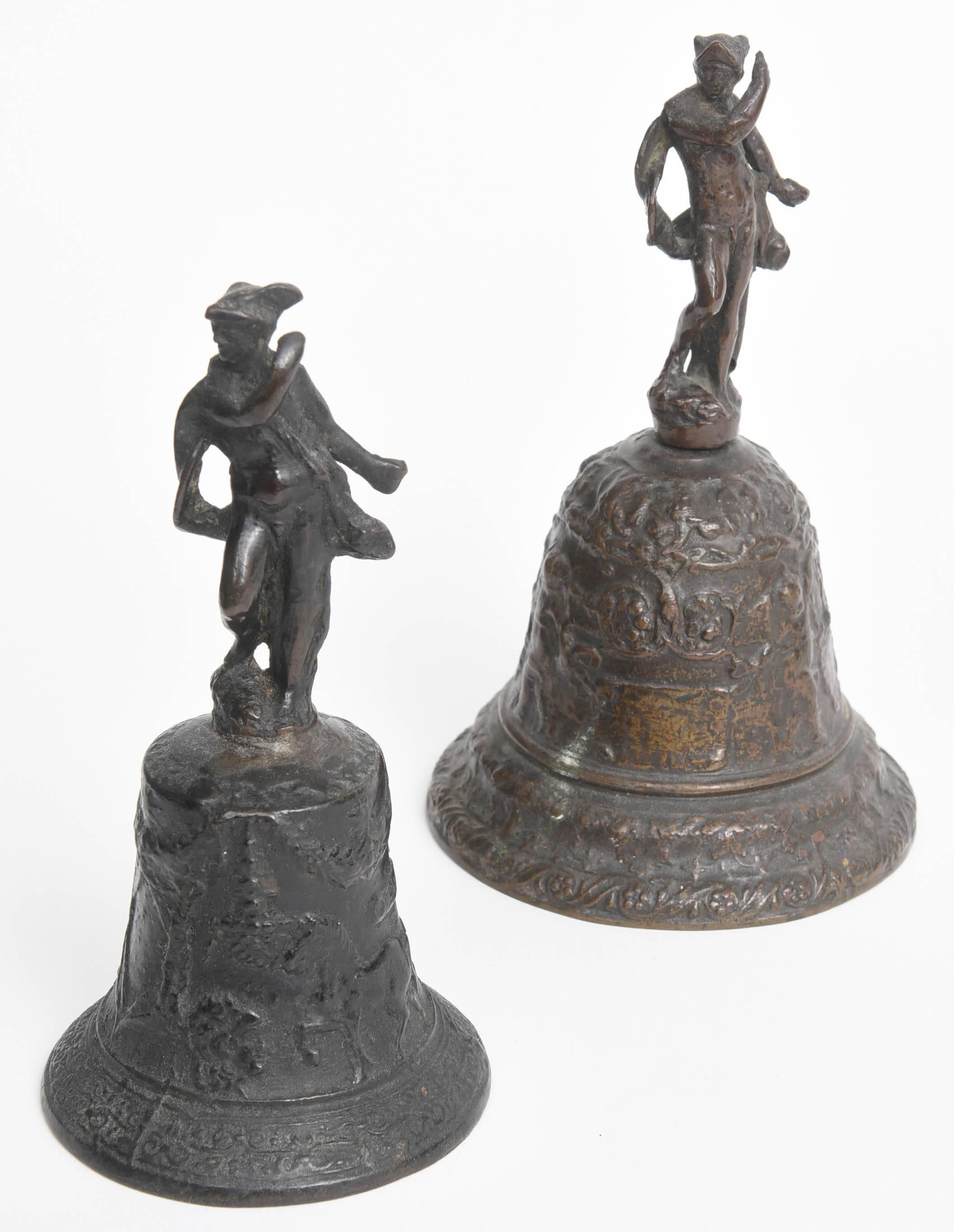 Italian Two Venetian Bronze Hand Bells with the God Mercury, 16th Century 