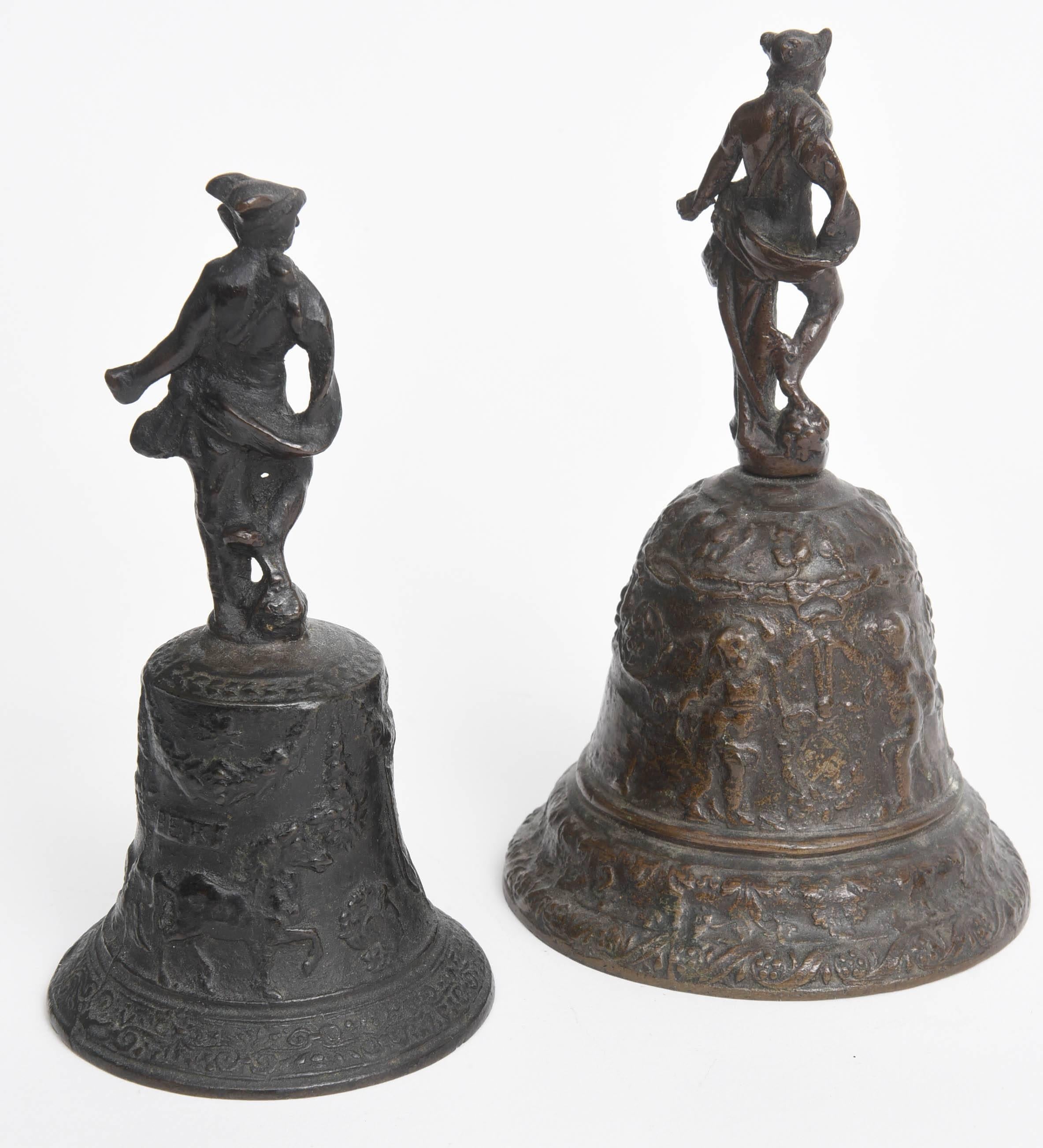 Patinated Two Venetian Bronze Hand Bells with the God Mercury, 16th Century 