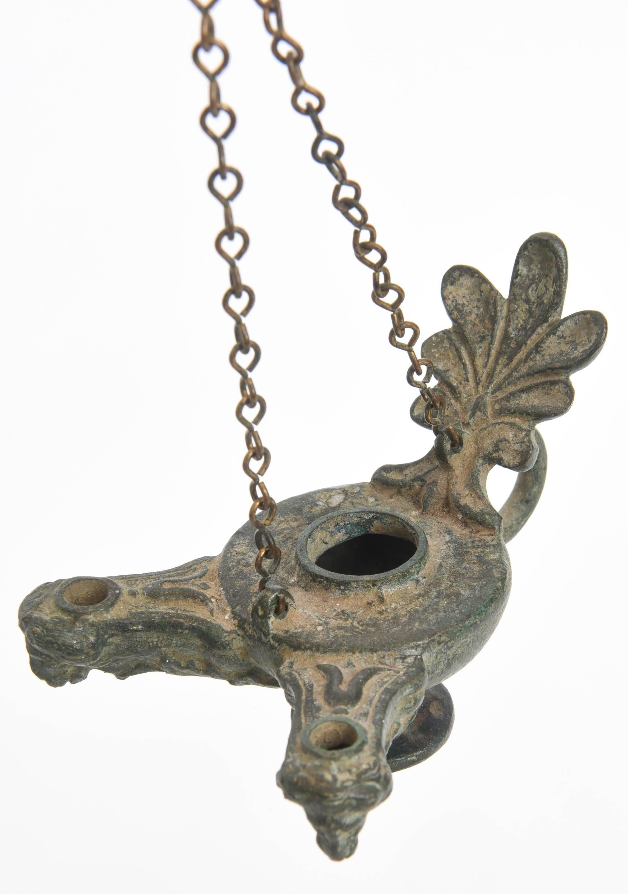 Patinated Pompeii Style Bronze Tripod Oil Candelabrum, Italy 19th century