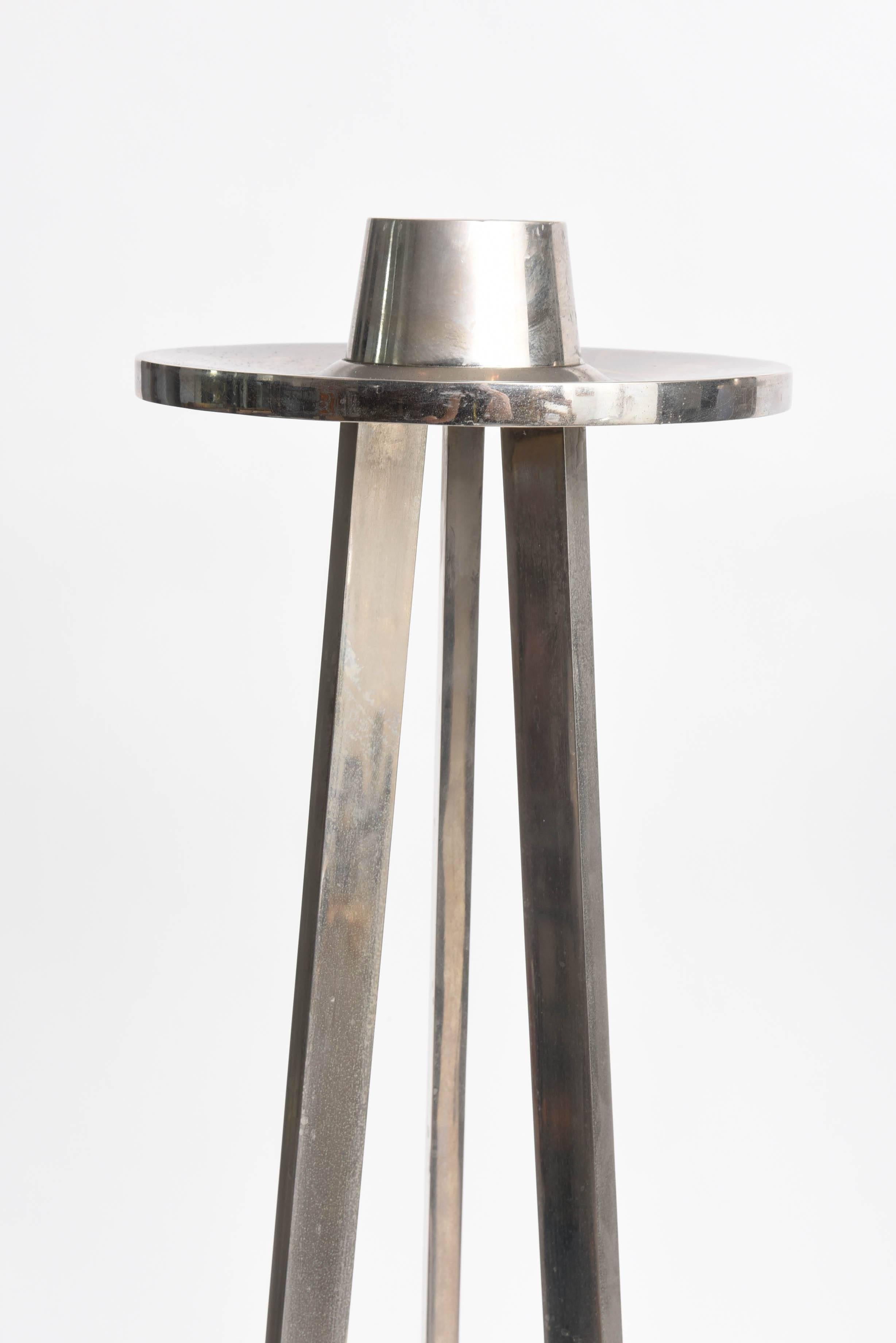 American Pair of Large 1970s Chrome Tripod Candle Torcheres For Sale