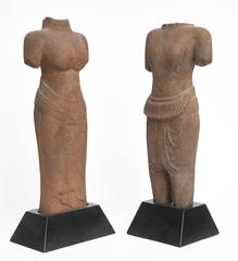 Pair of Khmer Sandstone Torsos of Uma and Vishnu, 11th c.