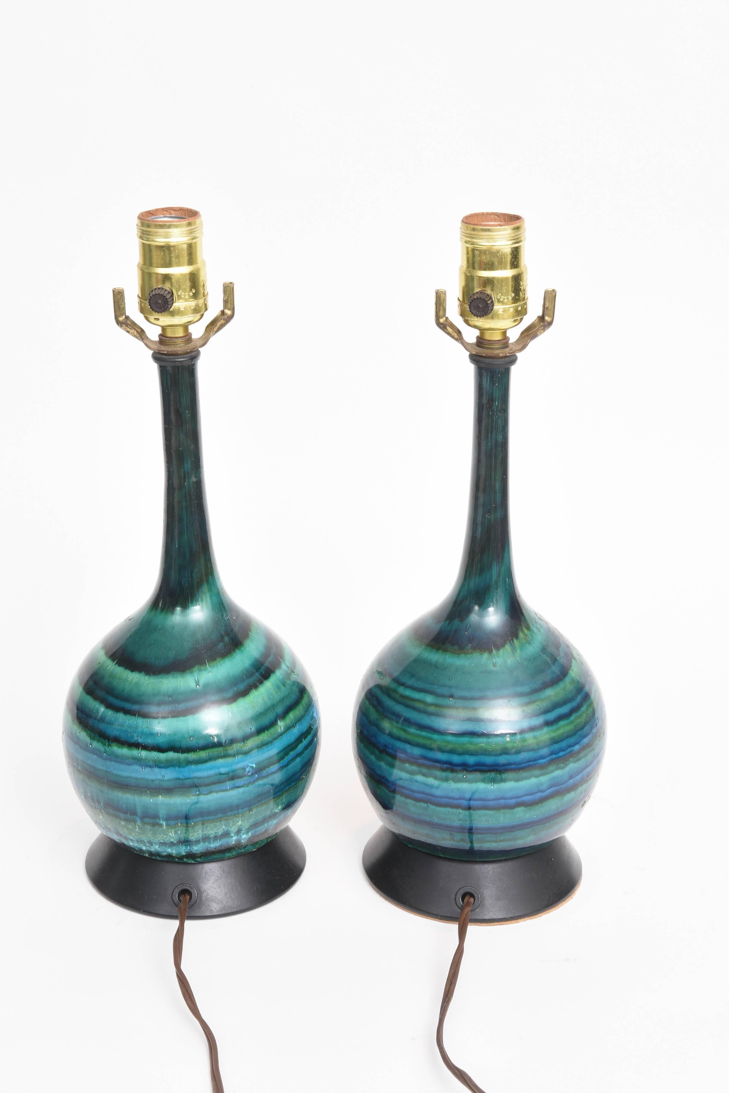 Pair of Italian Striped Glazed Ceramic Lamps, 1960s 1