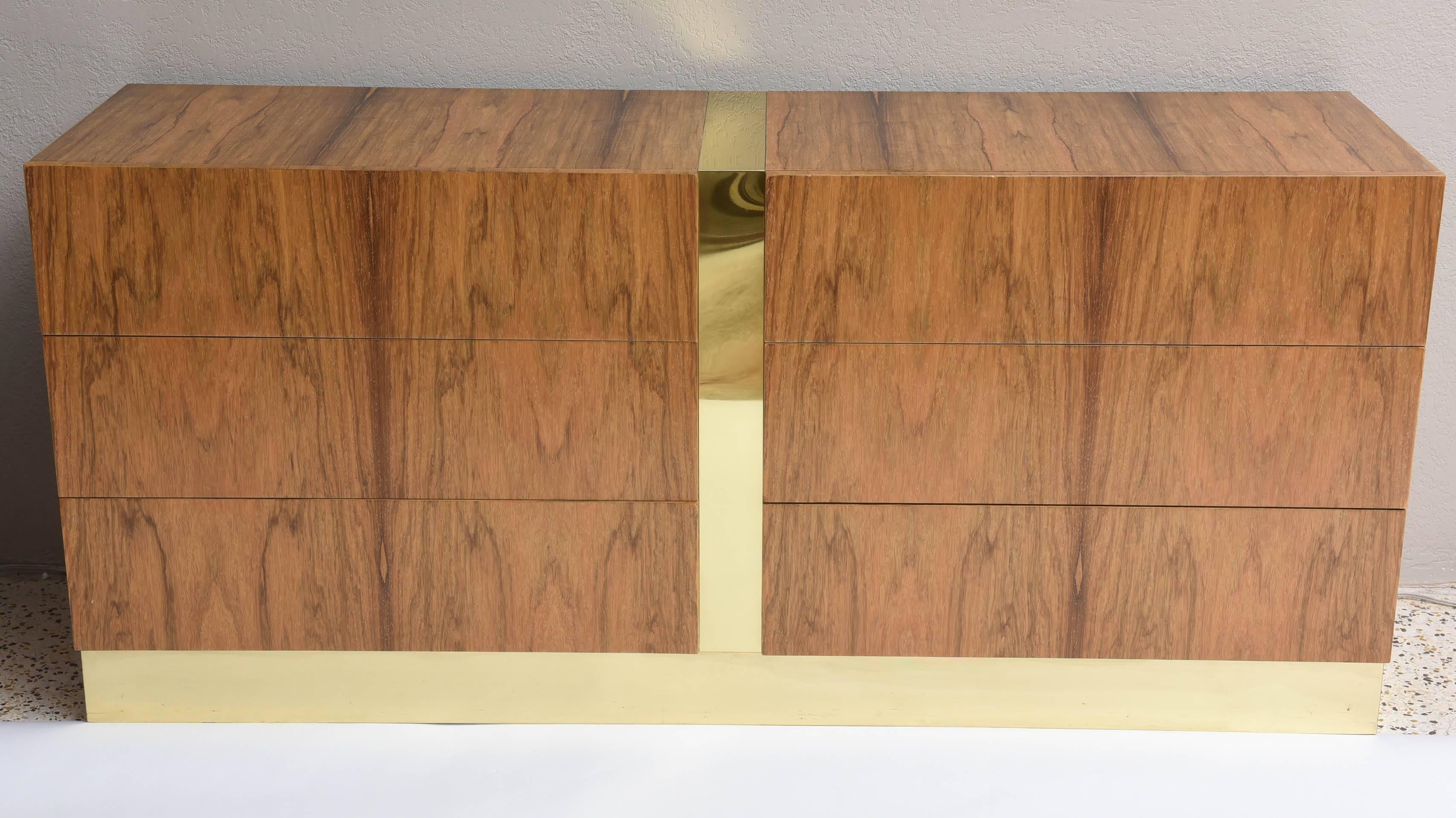 Sleek and low six-drawer bleached rosewood dresser with brass detailing by Milo Baughman for Thayer Coggin.