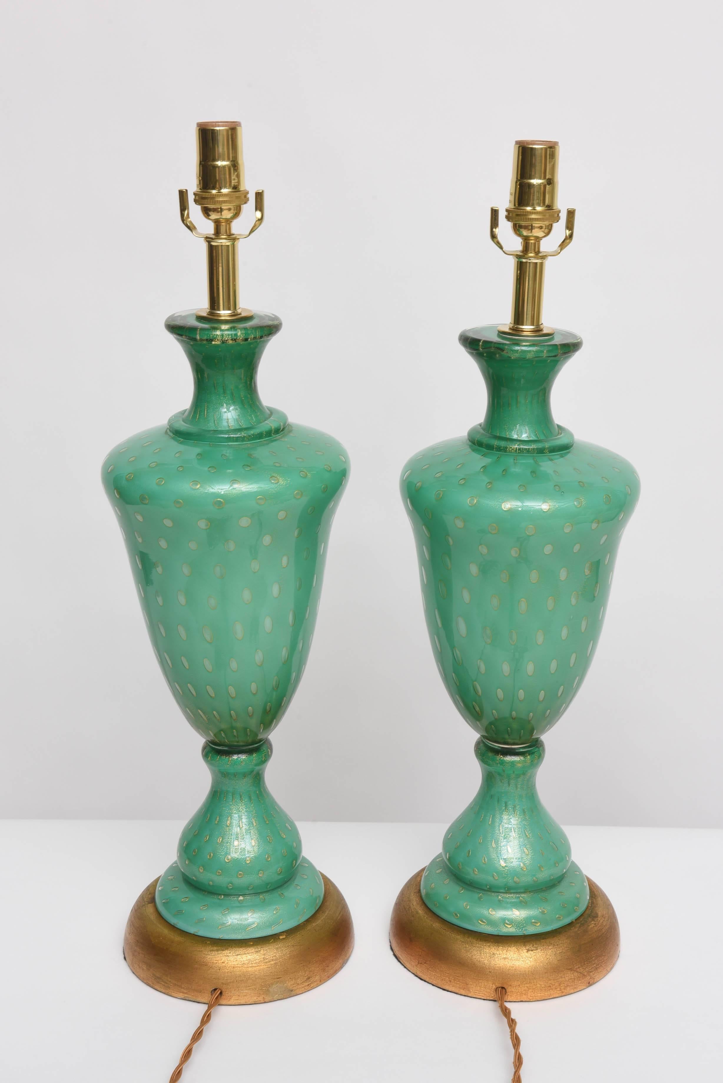 Brass Pair of 1950s Barovier & Toso Murano Glass Lamps