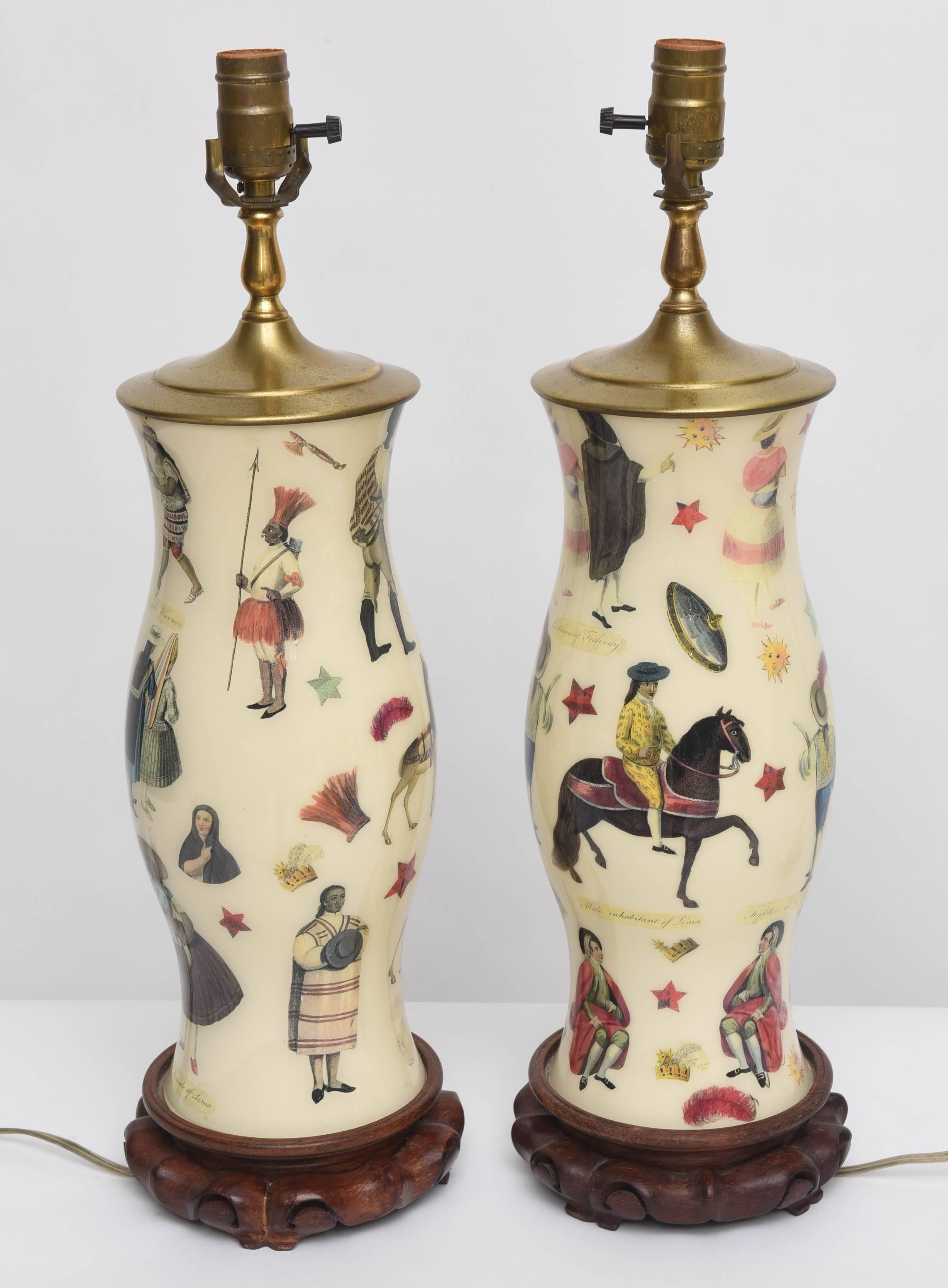 Mid-20th Century Pair of Vintage Decoupage Lamps with Spanish Colonial Theme