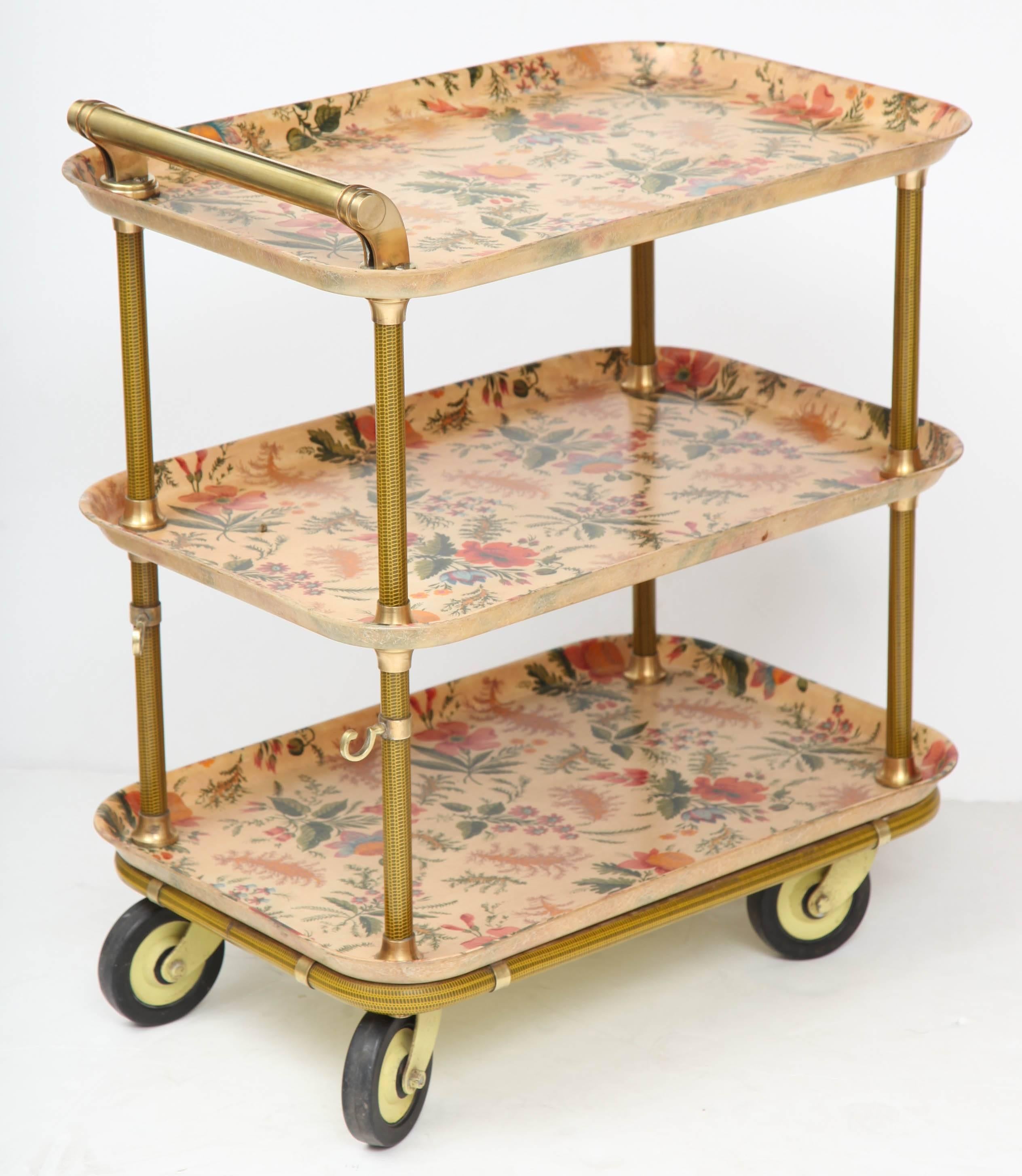 Mid-20th Century French Flowered Fiberglass and Brass Serving Cart