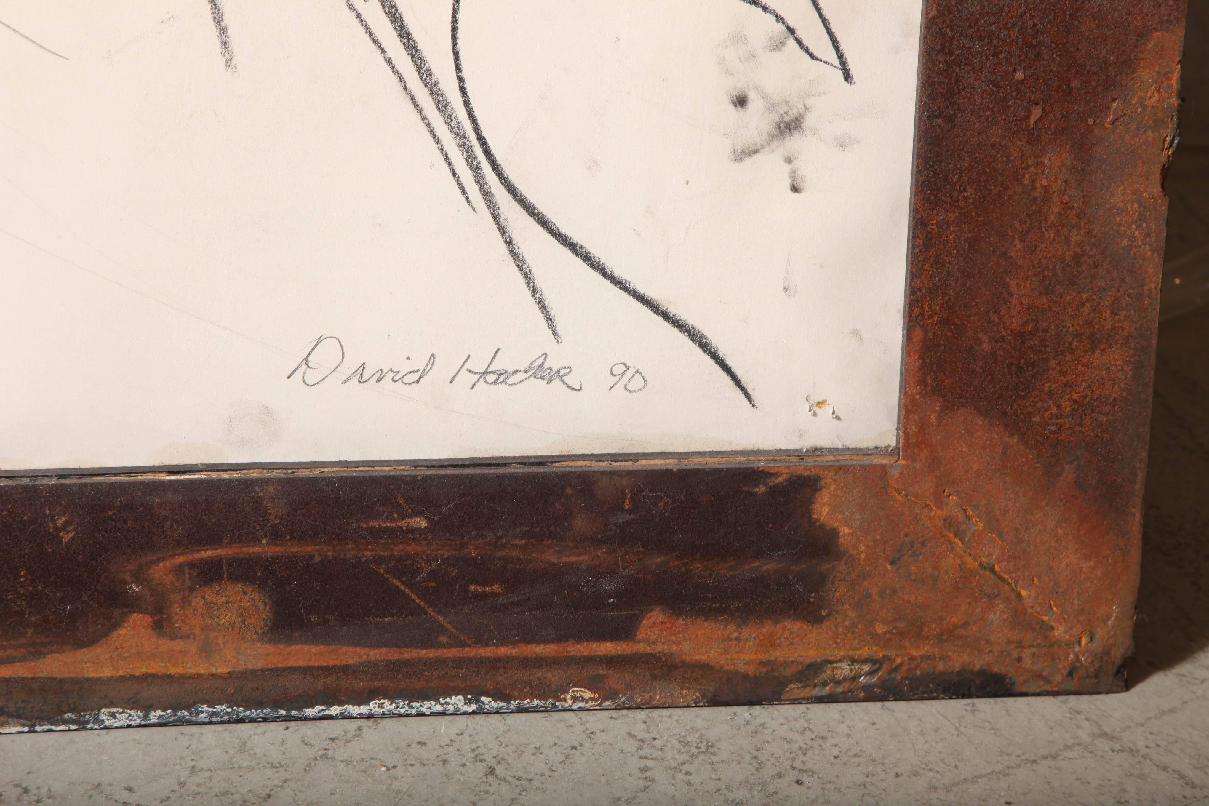 American David Hacker Charcoal Drawing in Steel Frame Sculpted by Artist