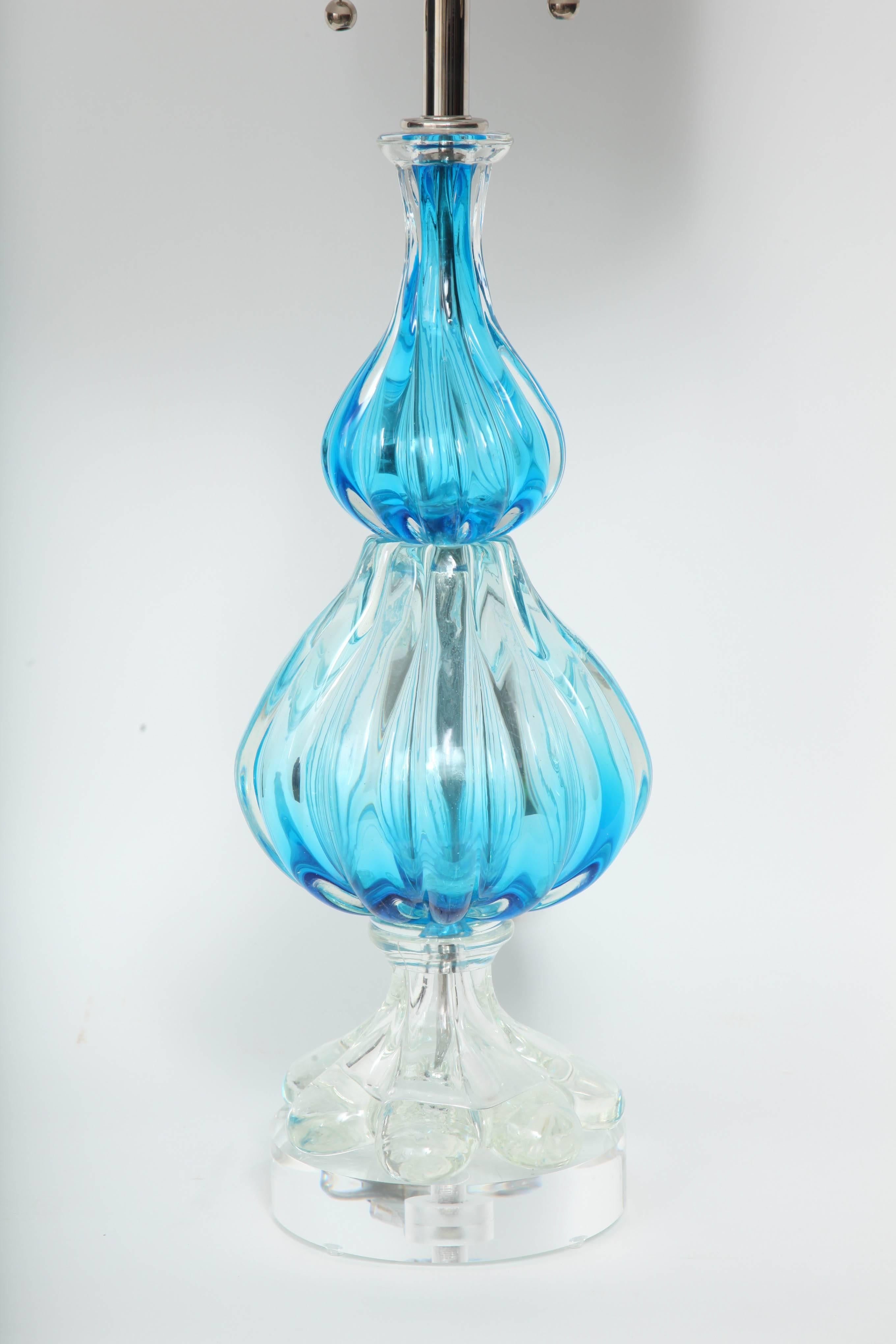 Mid-Century Modern Seguso Blue & Clear Fluted Murano Glass Lamps