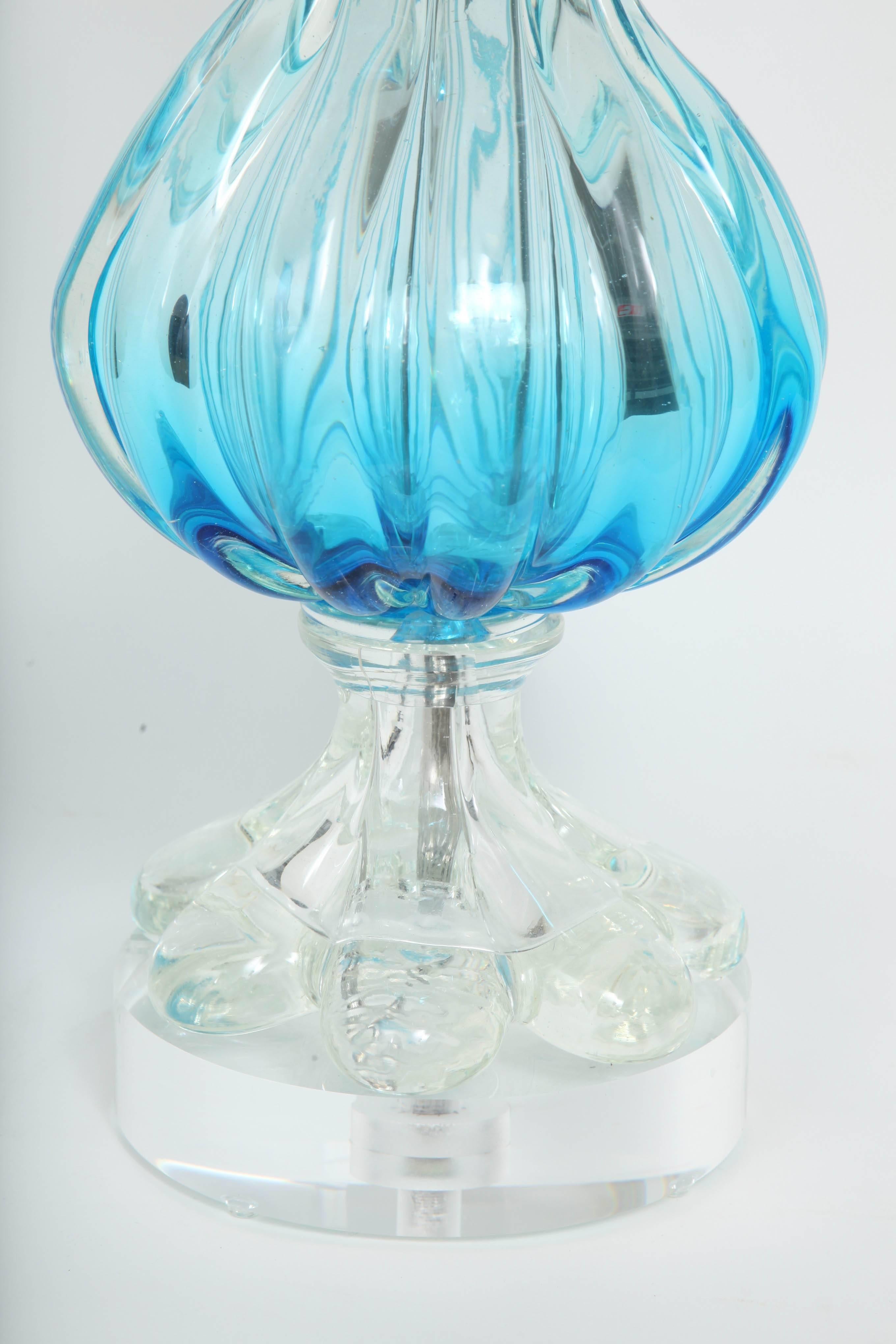 Italian Seguso Blue & Clear Fluted Murano Glass Lamps