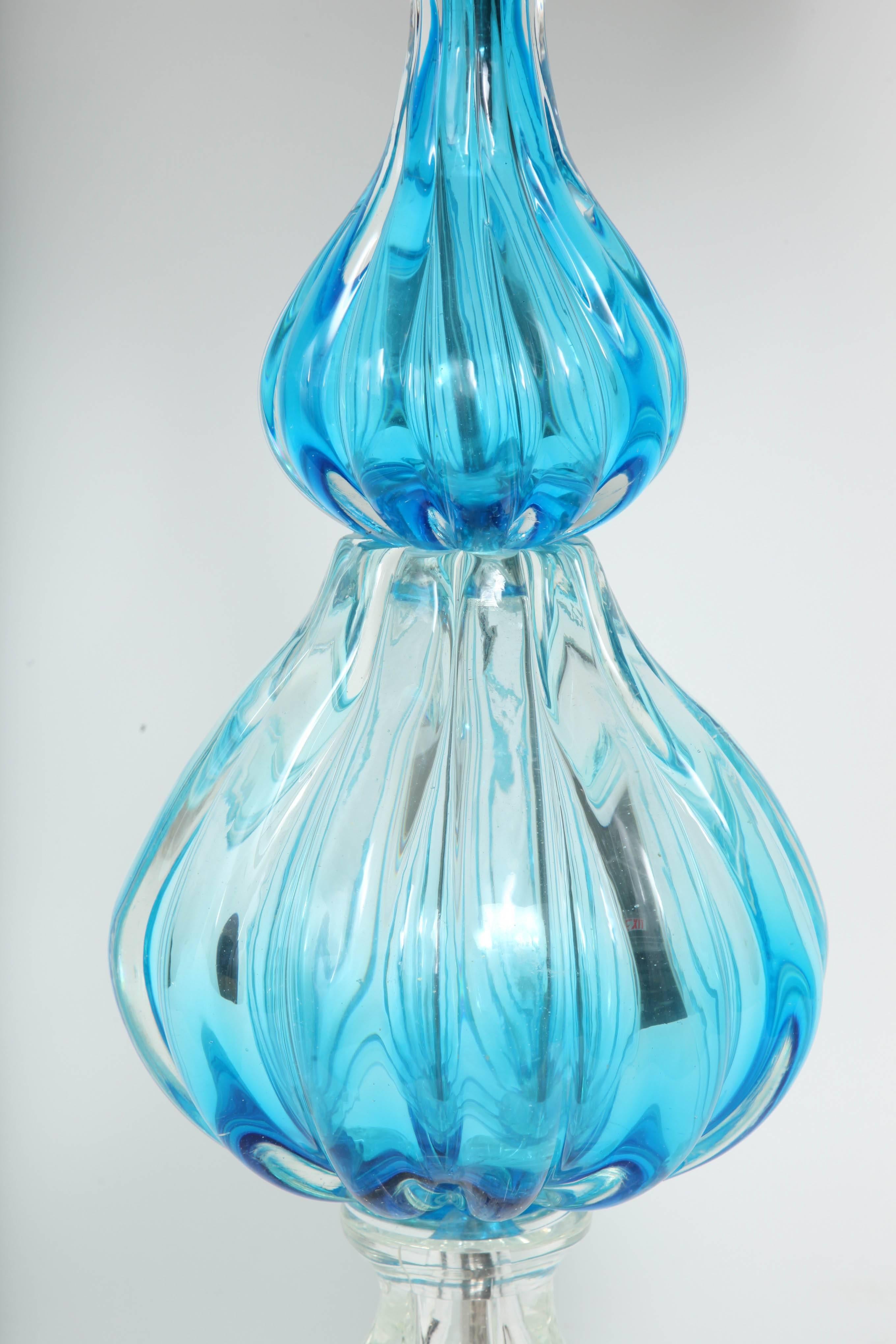 Seguso Blue & Clear Fluted Murano Glass Lamps In Excellent Condition In New York, NY