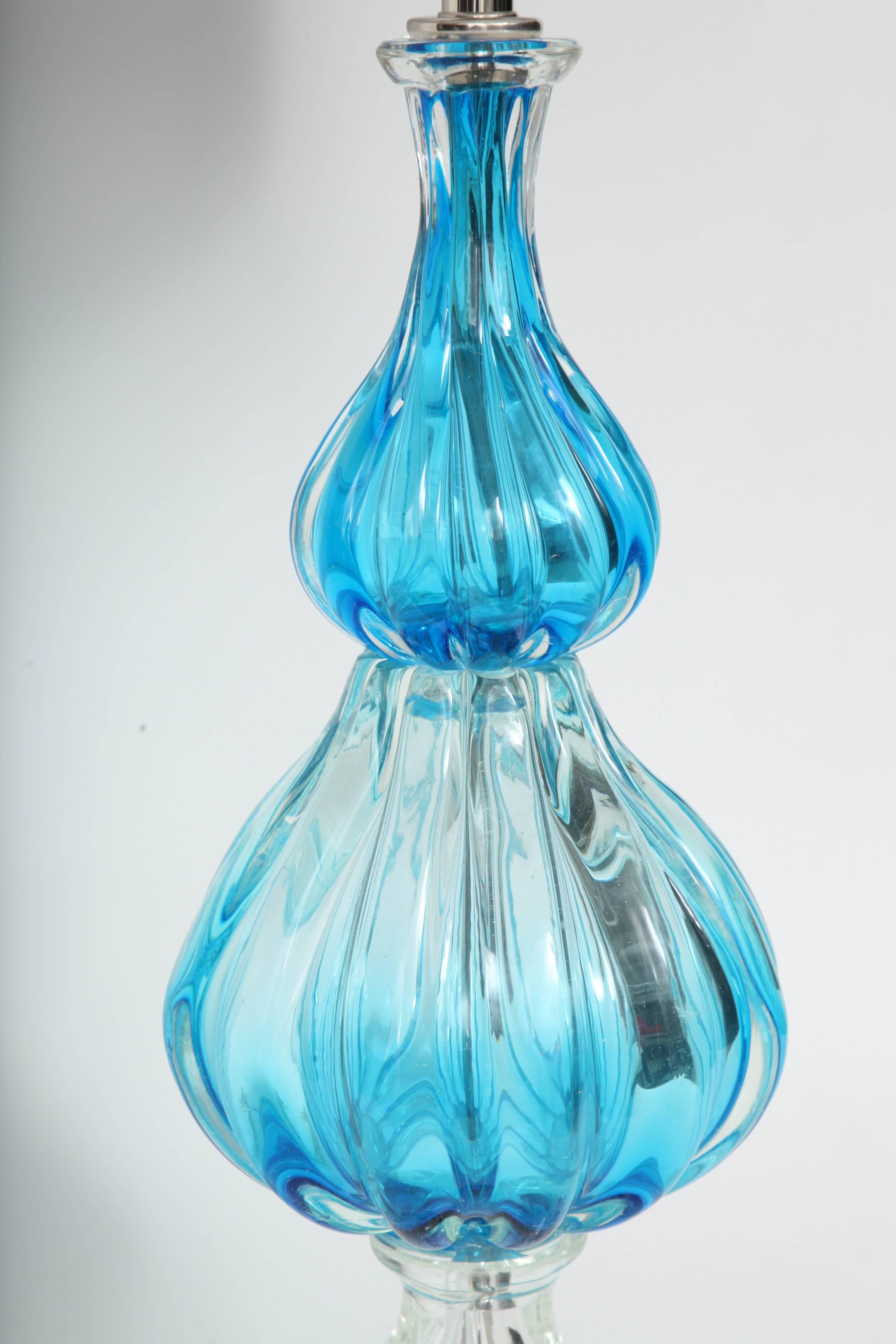 20th Century Seguso Blue & Clear Fluted Murano Glass Lamps