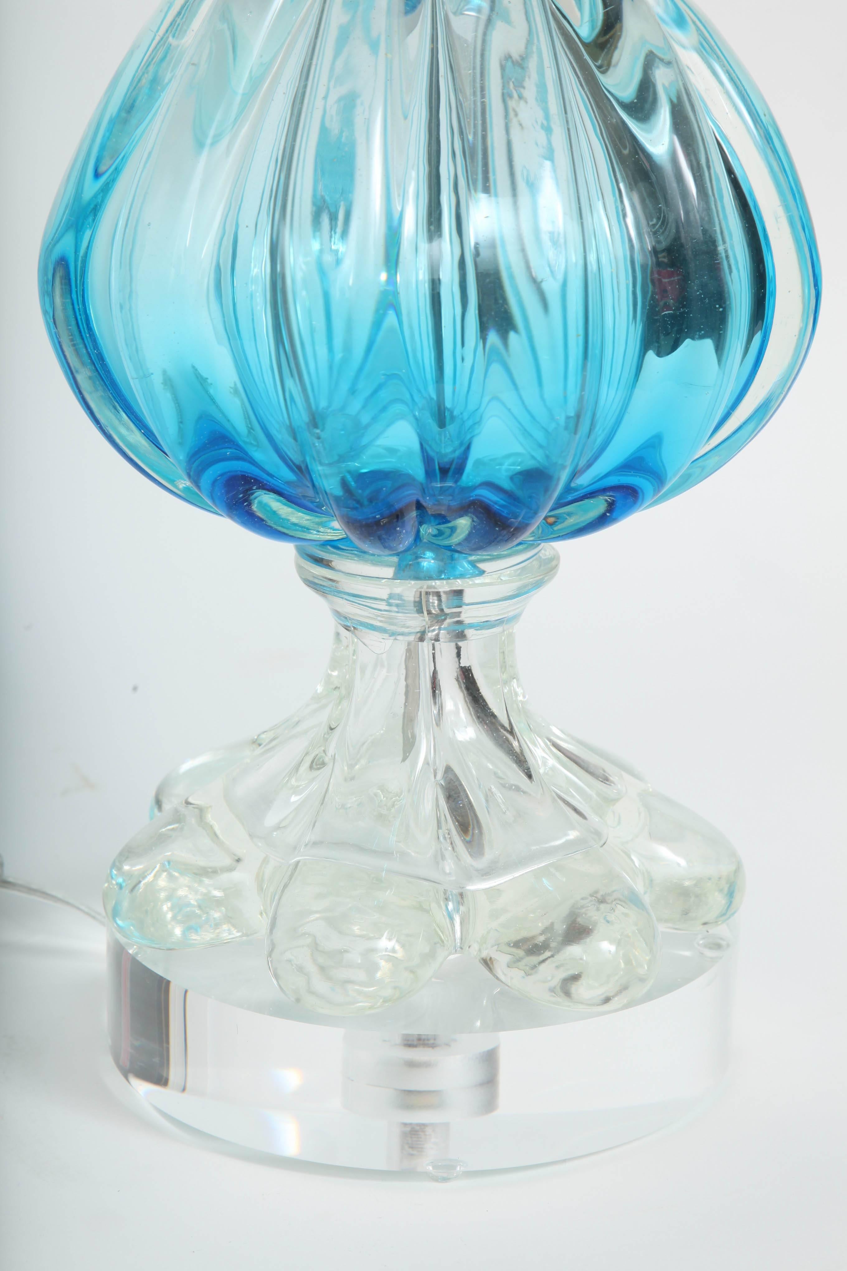 Lucite Seguso Blue & Clear Fluted Murano Glass Lamps