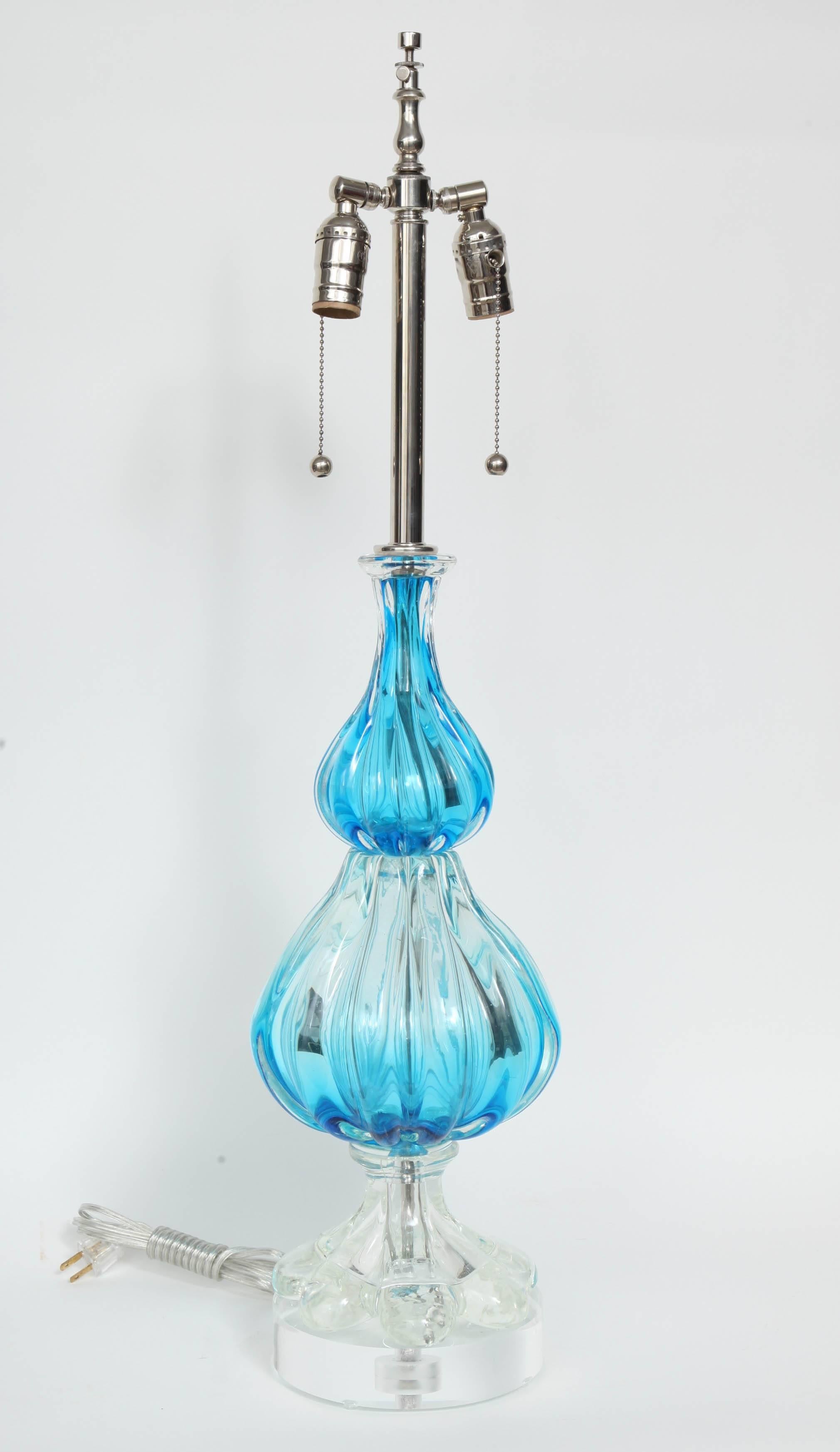 Seguso Blue & Clear Fluted Murano Glass Lamps 3