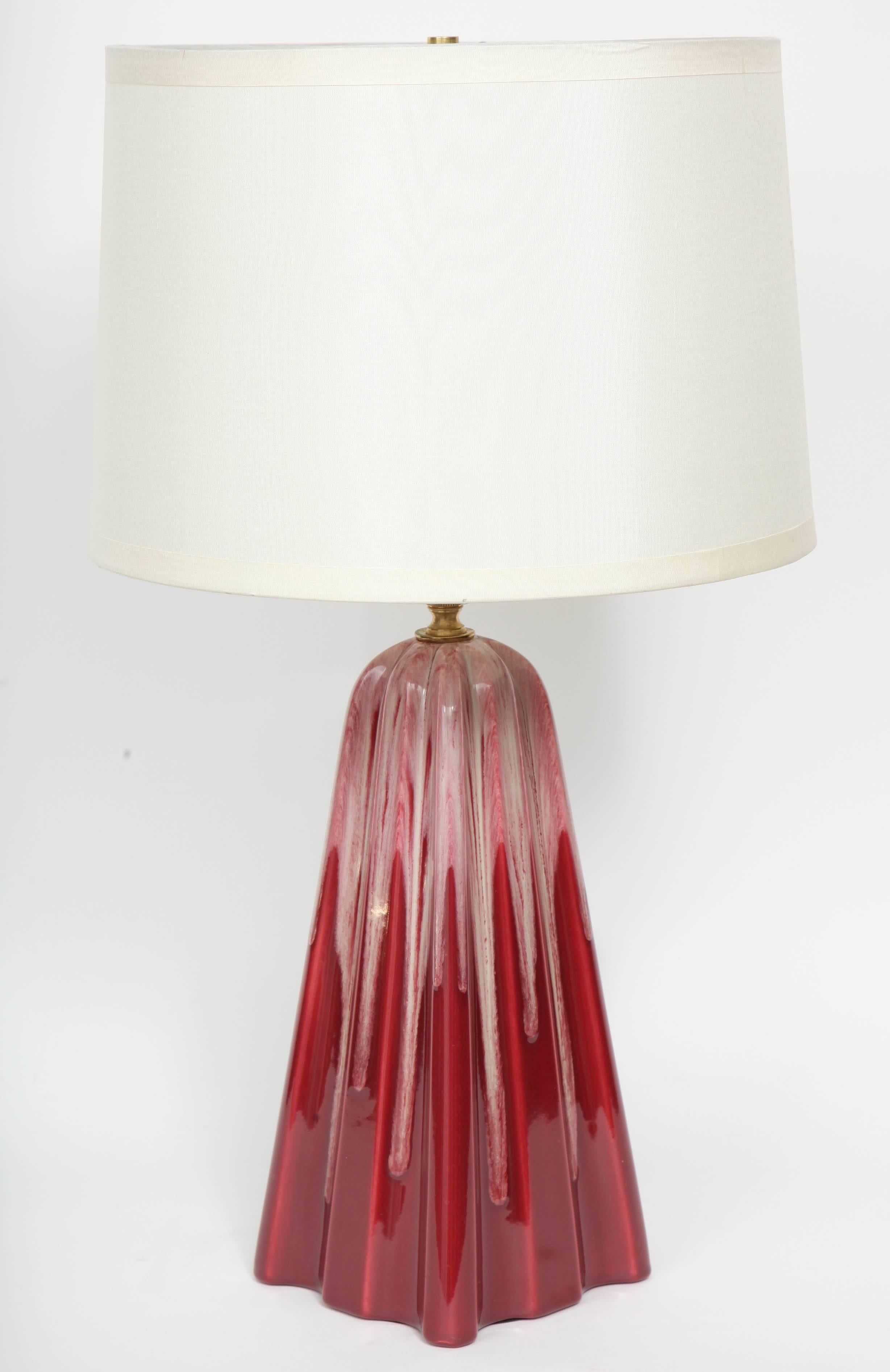 Brass 1940s Cranberry Glazed Ceramic Lamps