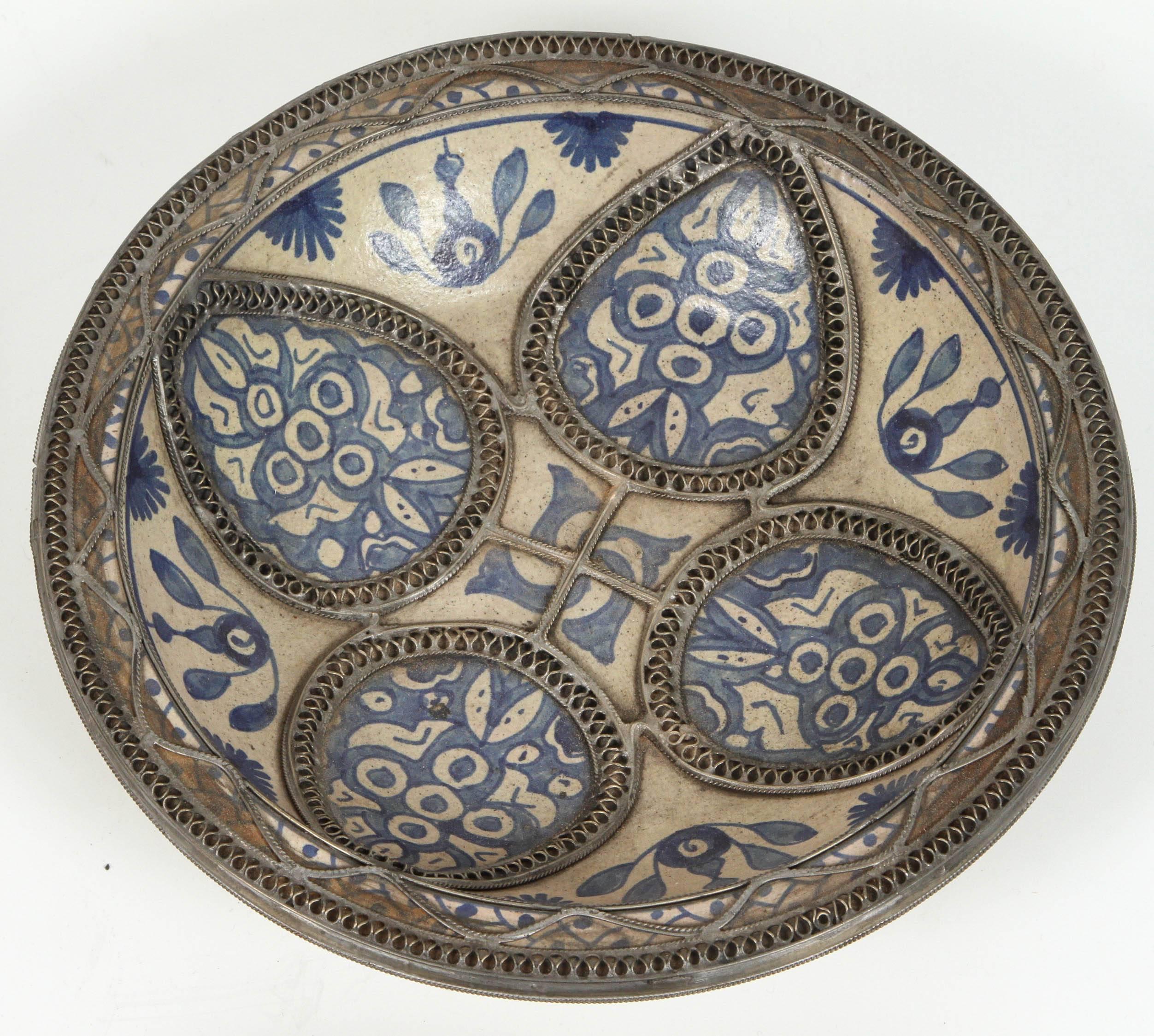 Champlevé Set of Four Ceramic Decorative Plates from Fez, Morocco