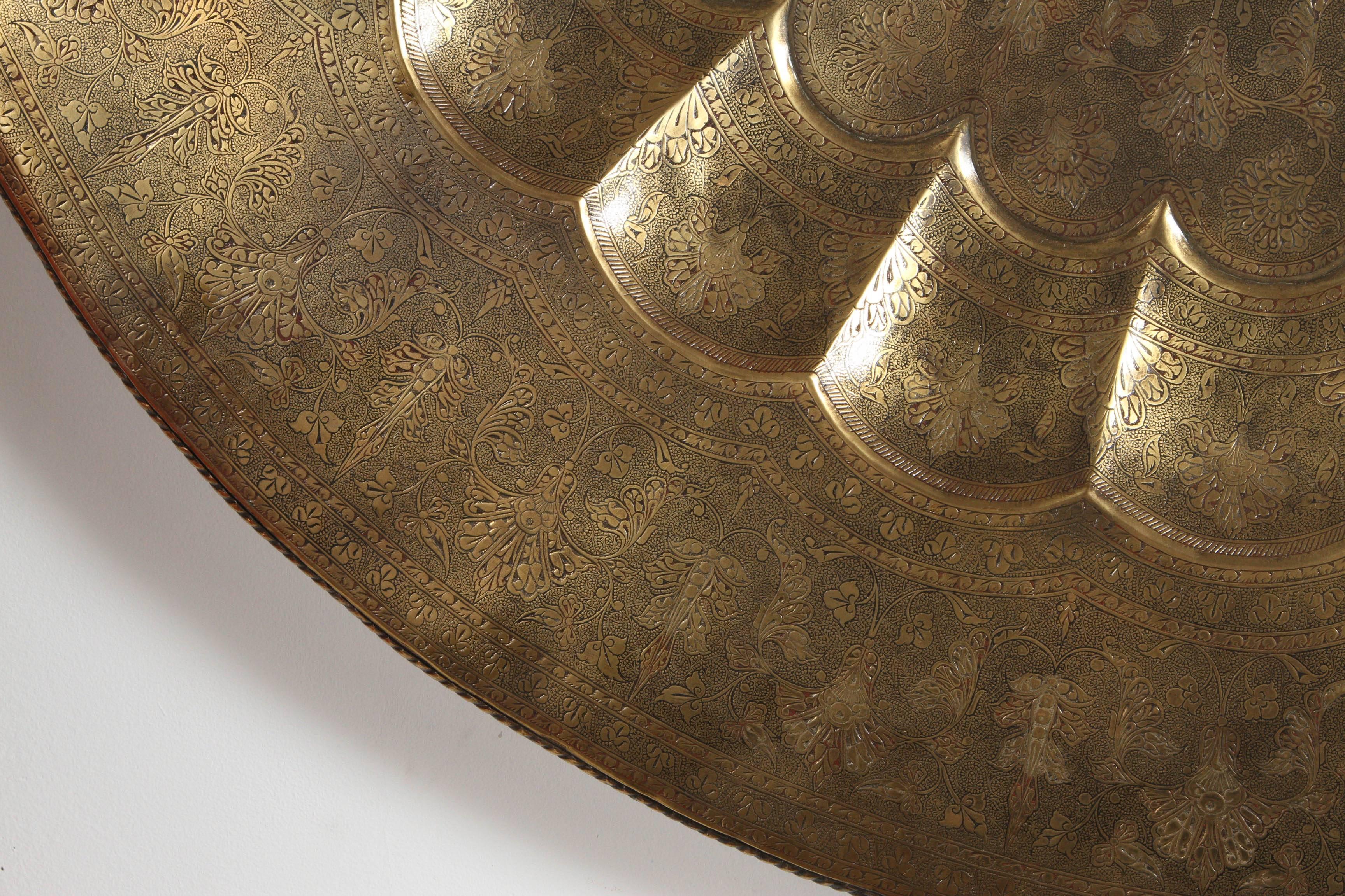 Hand-Carved Monumental Mughal-Indian Brass Hanging Tray Platter 47 Inches Diameter