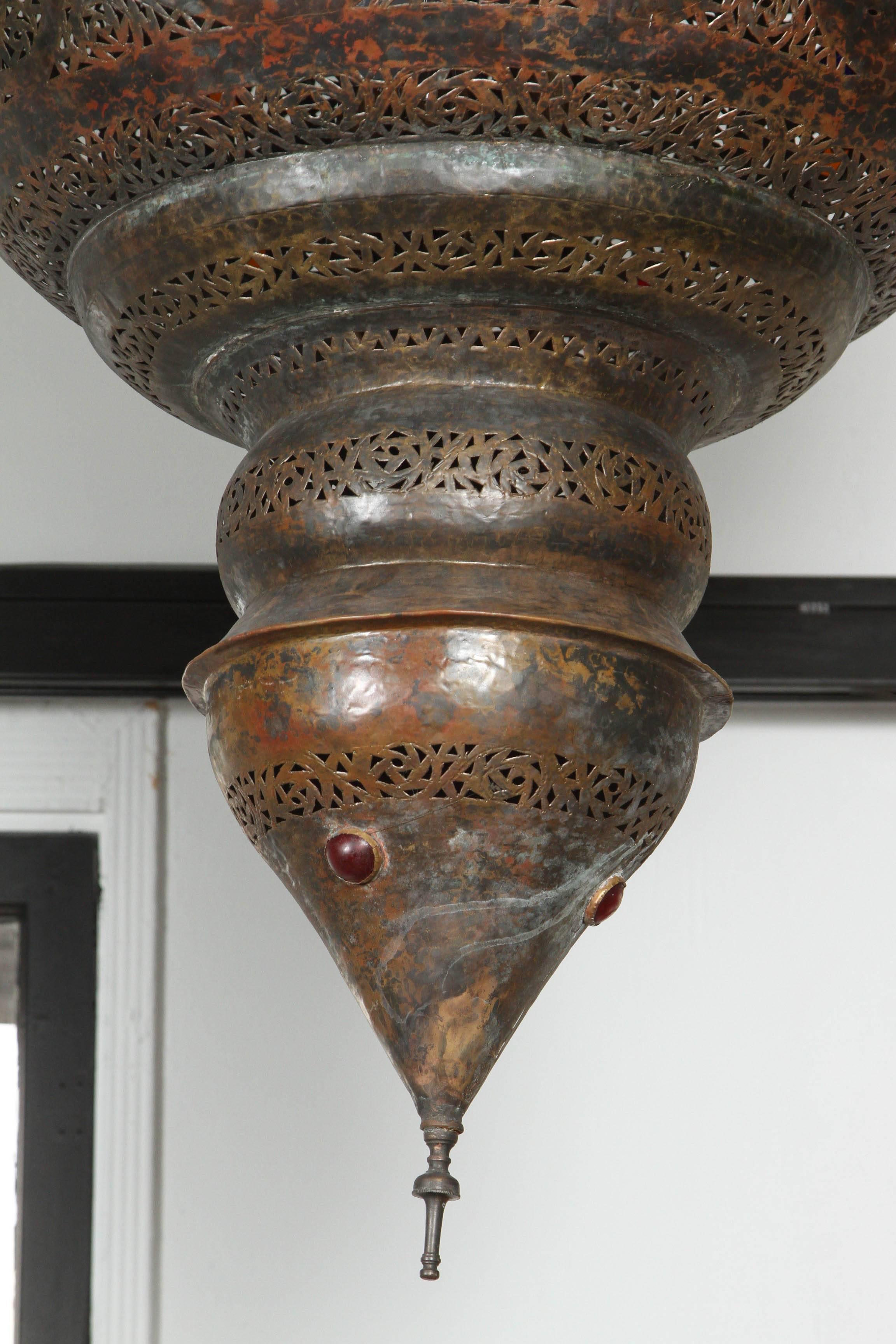 Large Antique Moroccan Bronze Moorish Chandelier In Good Condition For Sale In North Hollywood, CA