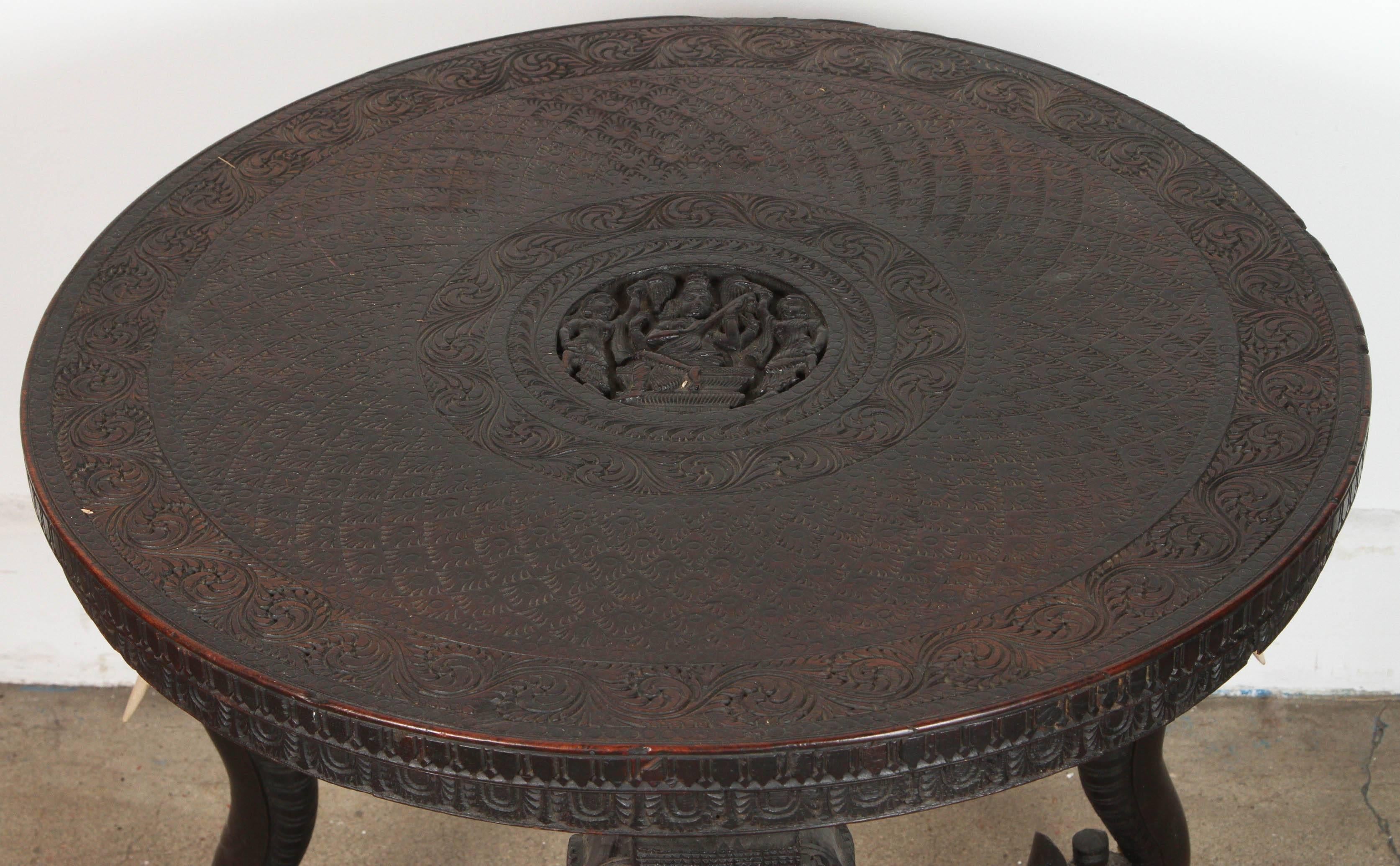 Indian Anglo Raj Carved Side Table with Elephant Heads