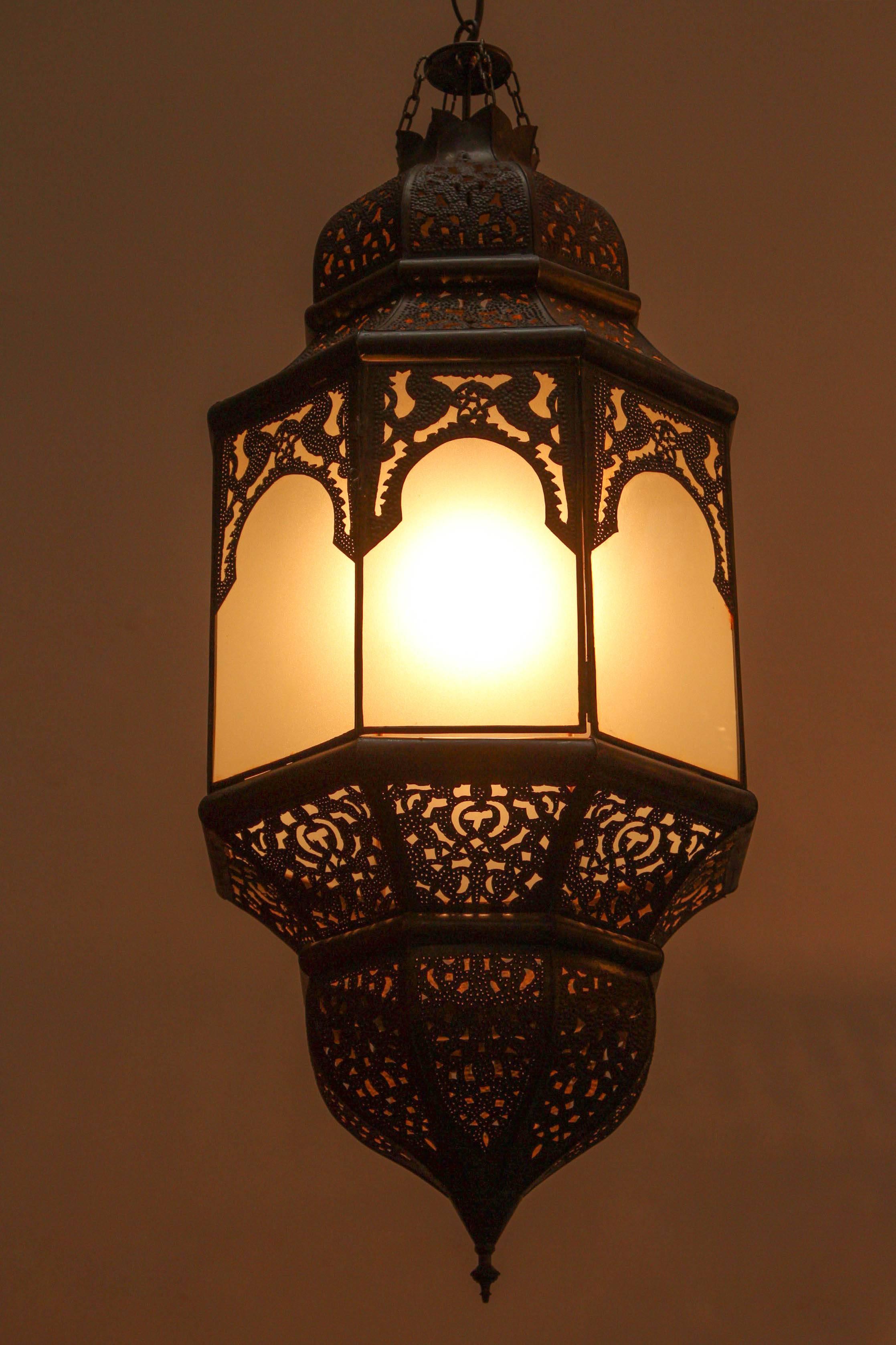 Moroccan Moorish Hanging Lantern with Milky Glass In Good Condition In North Hollywood, CA