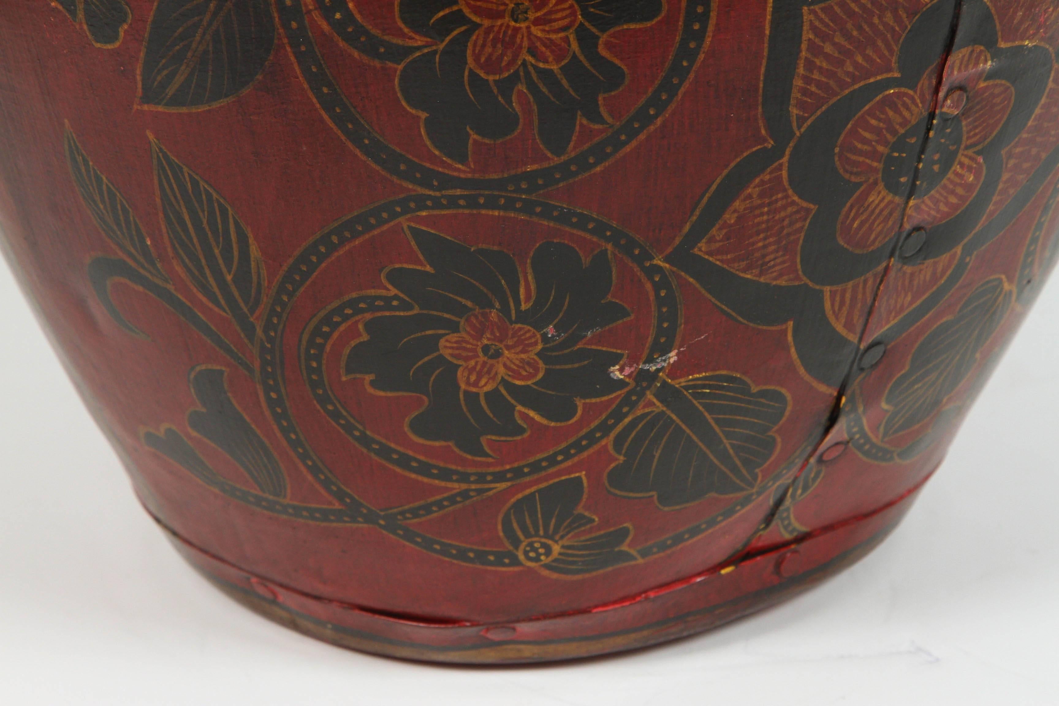 Anglo Raj Kashmiri Indo-Raj Red Hand-Painted Metal Jar Vessel