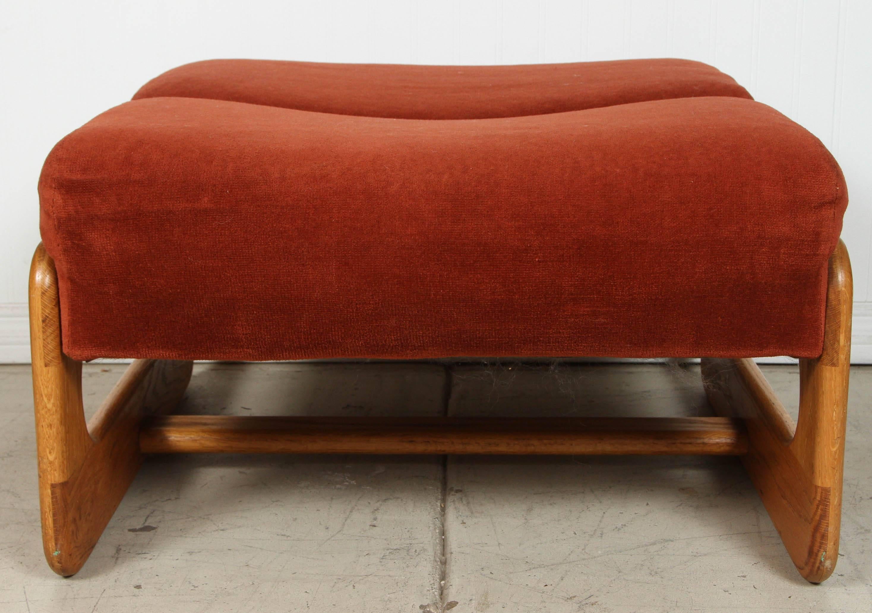 Lounge chair and ottoman by Lou Hodges in oak and suede. 

Ottoman measures : 14.5” H x 25.5” W x 25” D