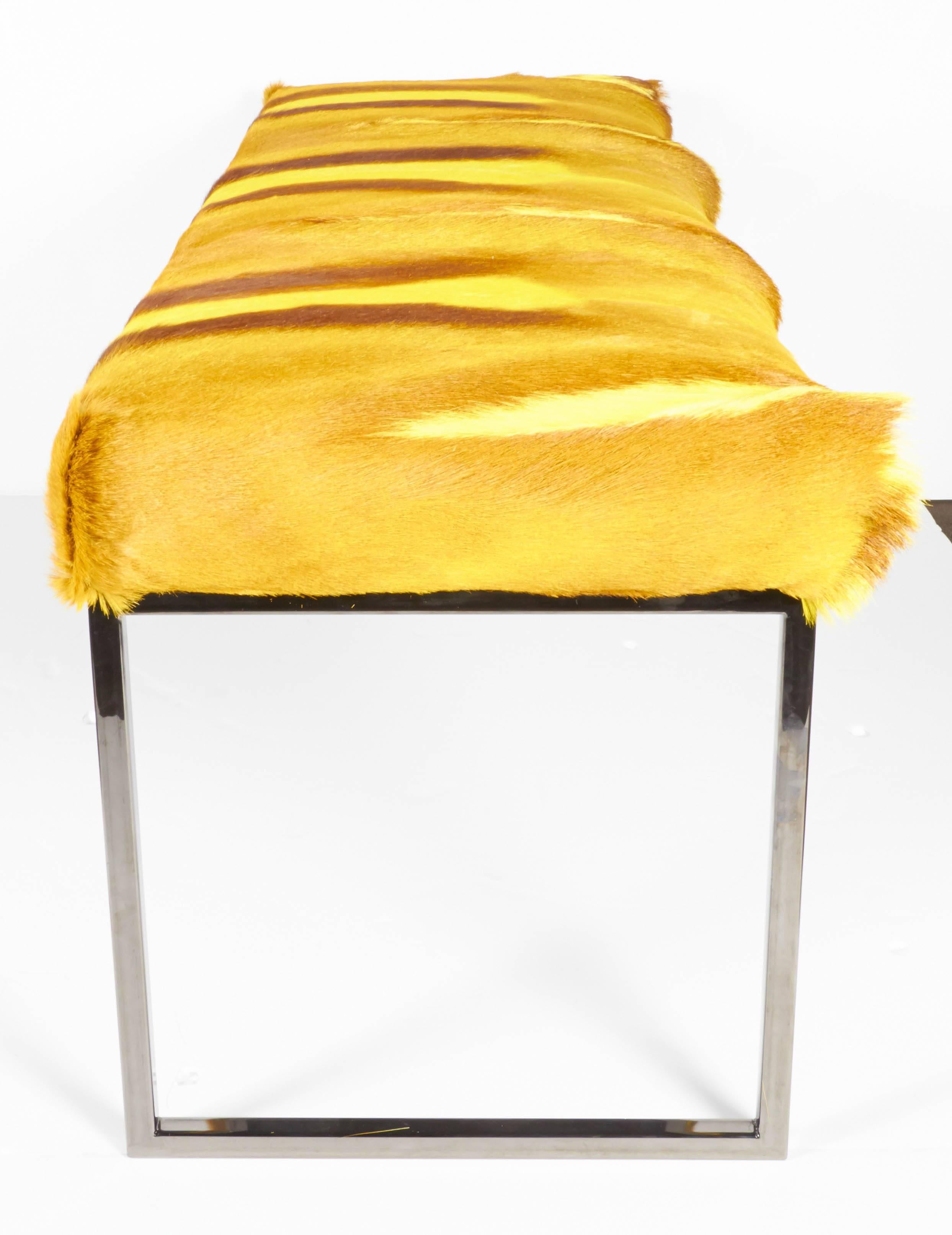 Mid-Century Modern Bespoke Bench in Exotic Springbok Fur in Vibrant Yellow