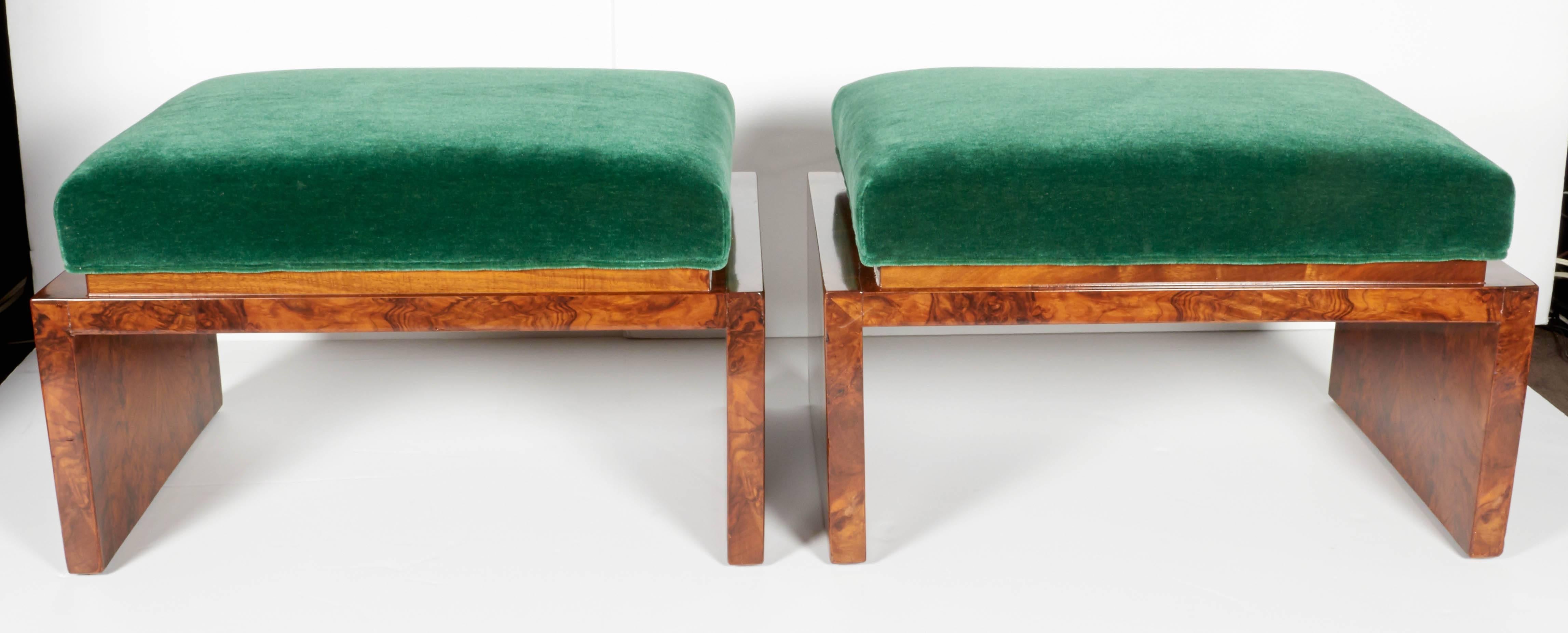 English Rare Art Deco Low Benches in Emerald Mohair and Burled Carpathian Elm