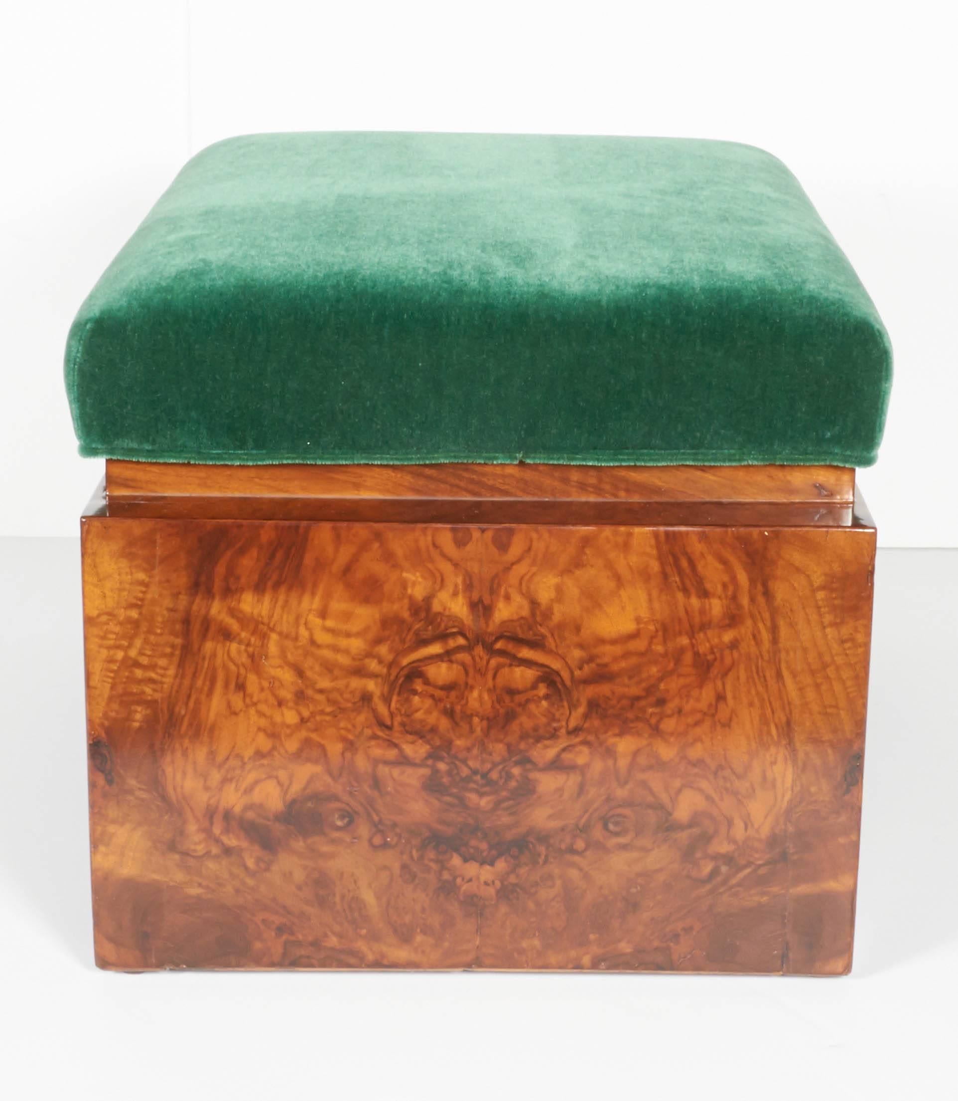 Hand-Crafted Rare Art Deco Low Benches in Emerald Mohair and Burled Carpathian Elm