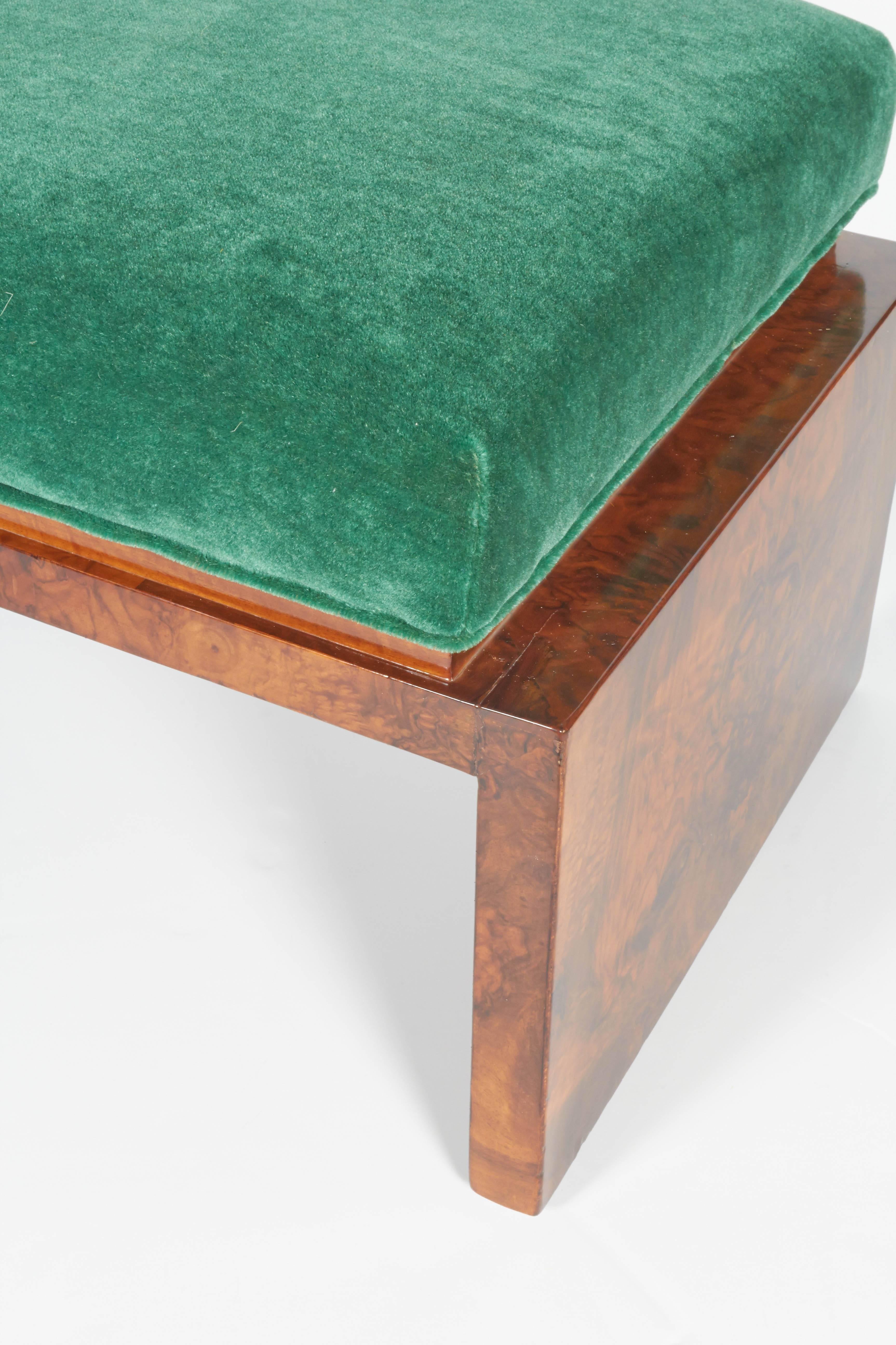 Rare Art Deco Low Benches in Emerald Mohair and Burled Carpathian Elm In Excellent Condition In Fort Lauderdale, FL