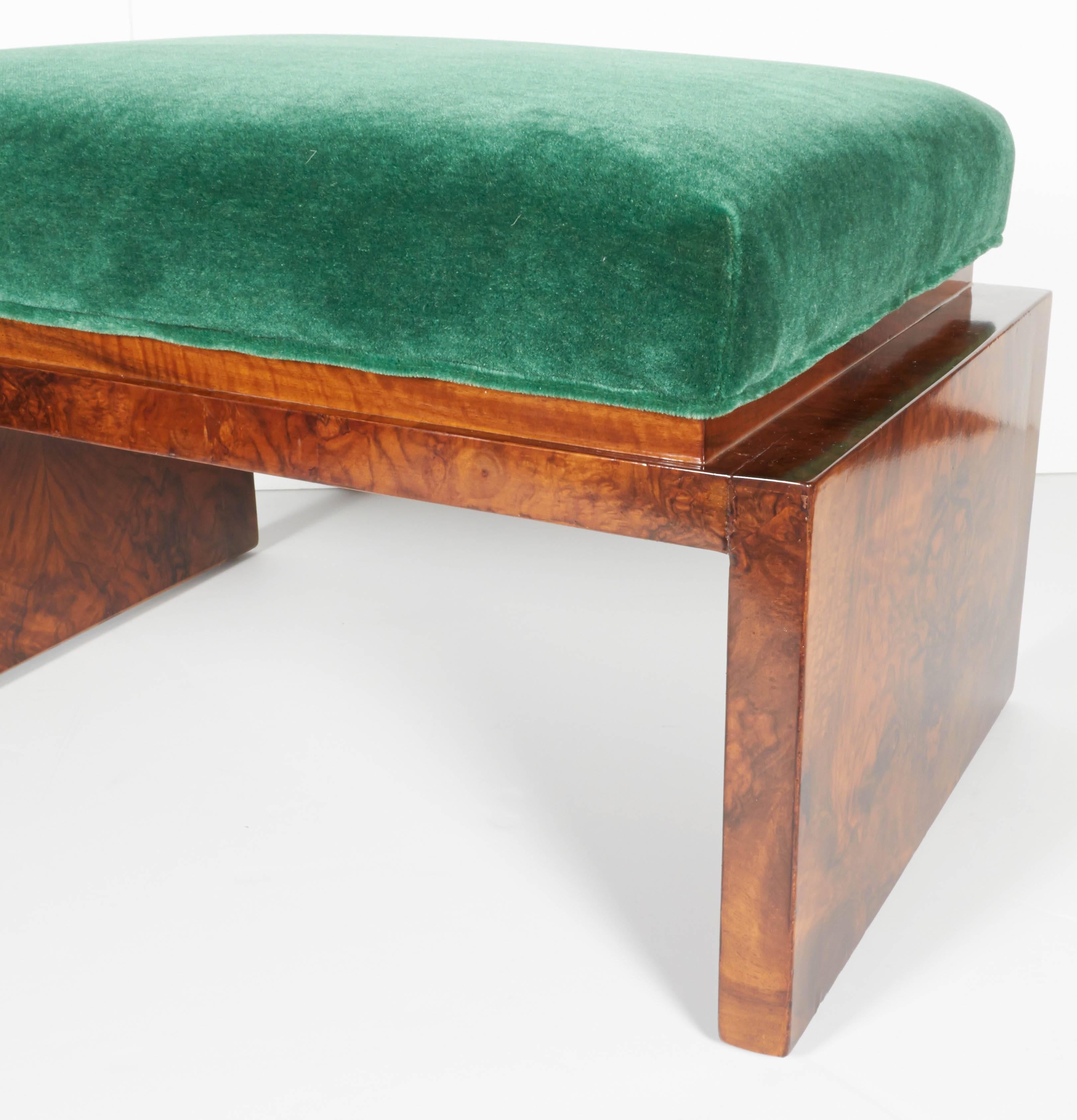 20th Century Rare Art Deco Low Benches in Emerald Mohair and Burled Carpathian Elm