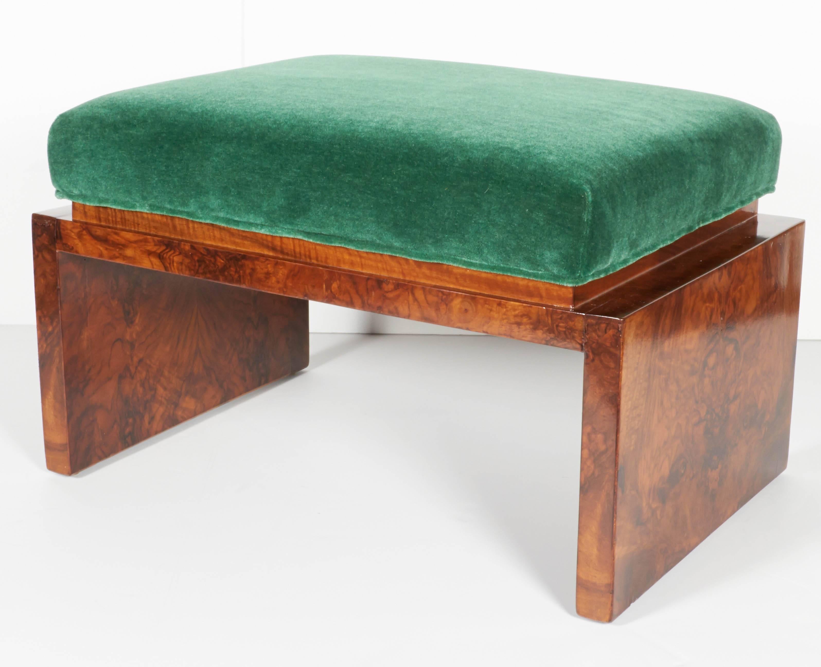 Rare Art Deco Low Benches in Emerald Mohair and Burled Carpathian Elm 1