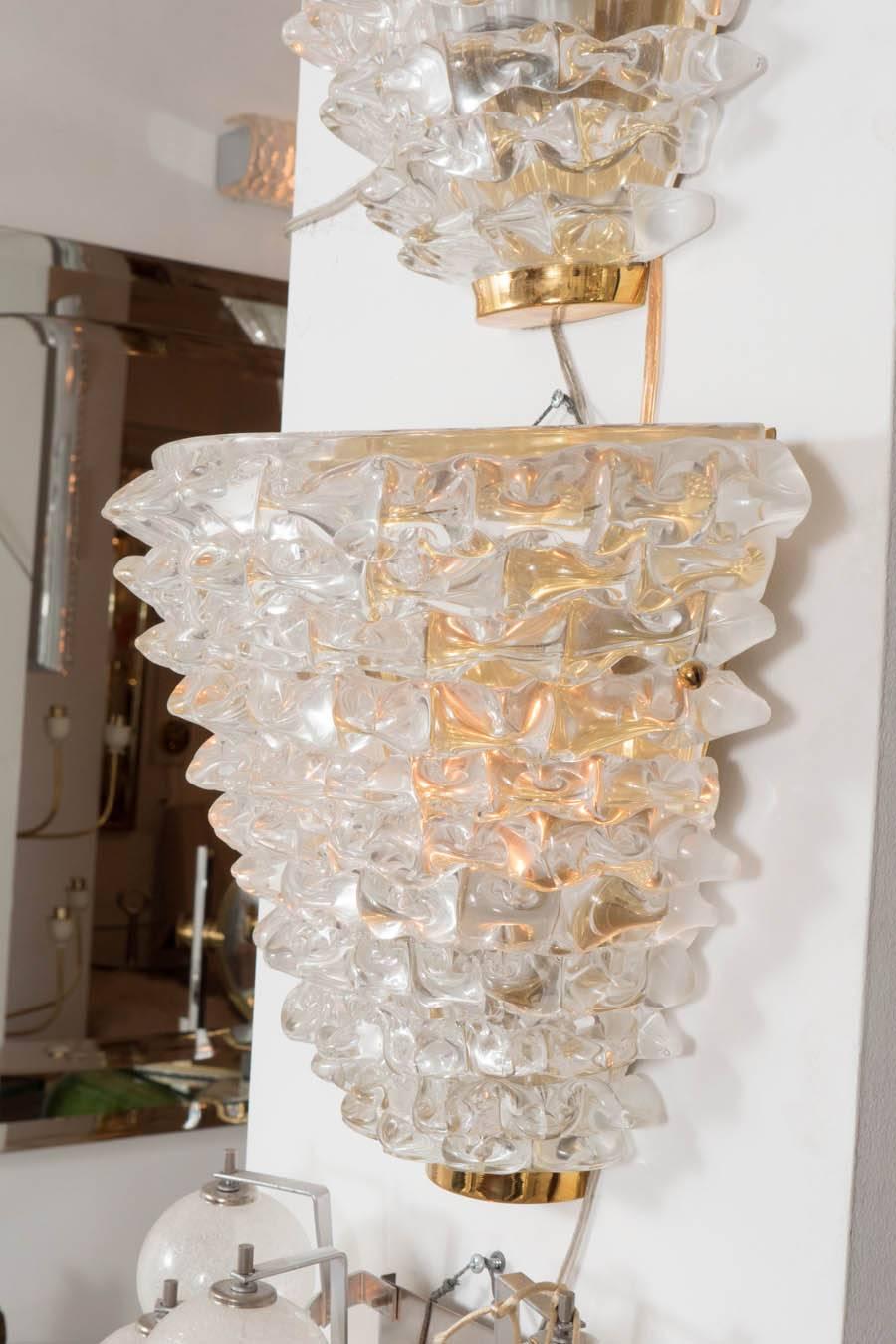 Mid-20th Century Pair of Clear Spiked Murano Glass Sconces