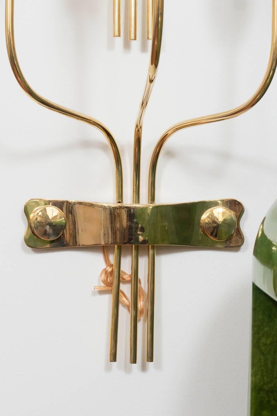 Mid-Century Modern Pair of Three-Arm Brass Sconces with Flower Bobeches
