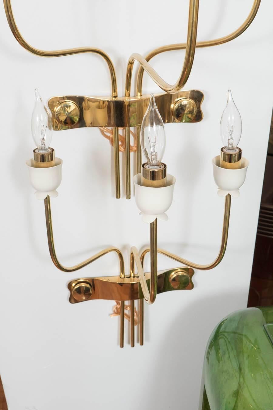Mid-20th Century Pair of Three-Arm Brass Sconces with Flower Bobeches
