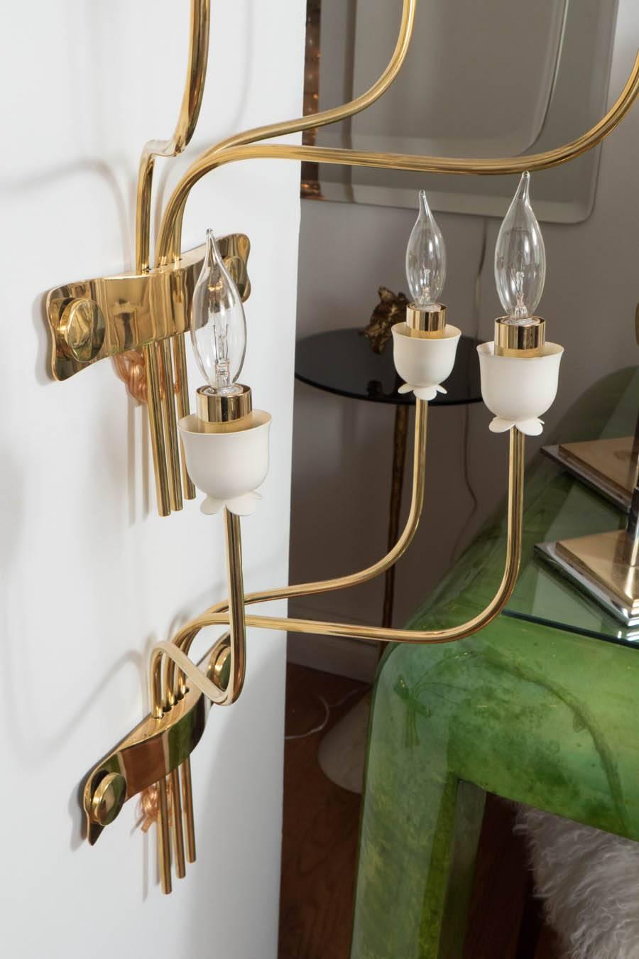 Pair of Three-Arm Brass Sconces with Flower Bobeches 1