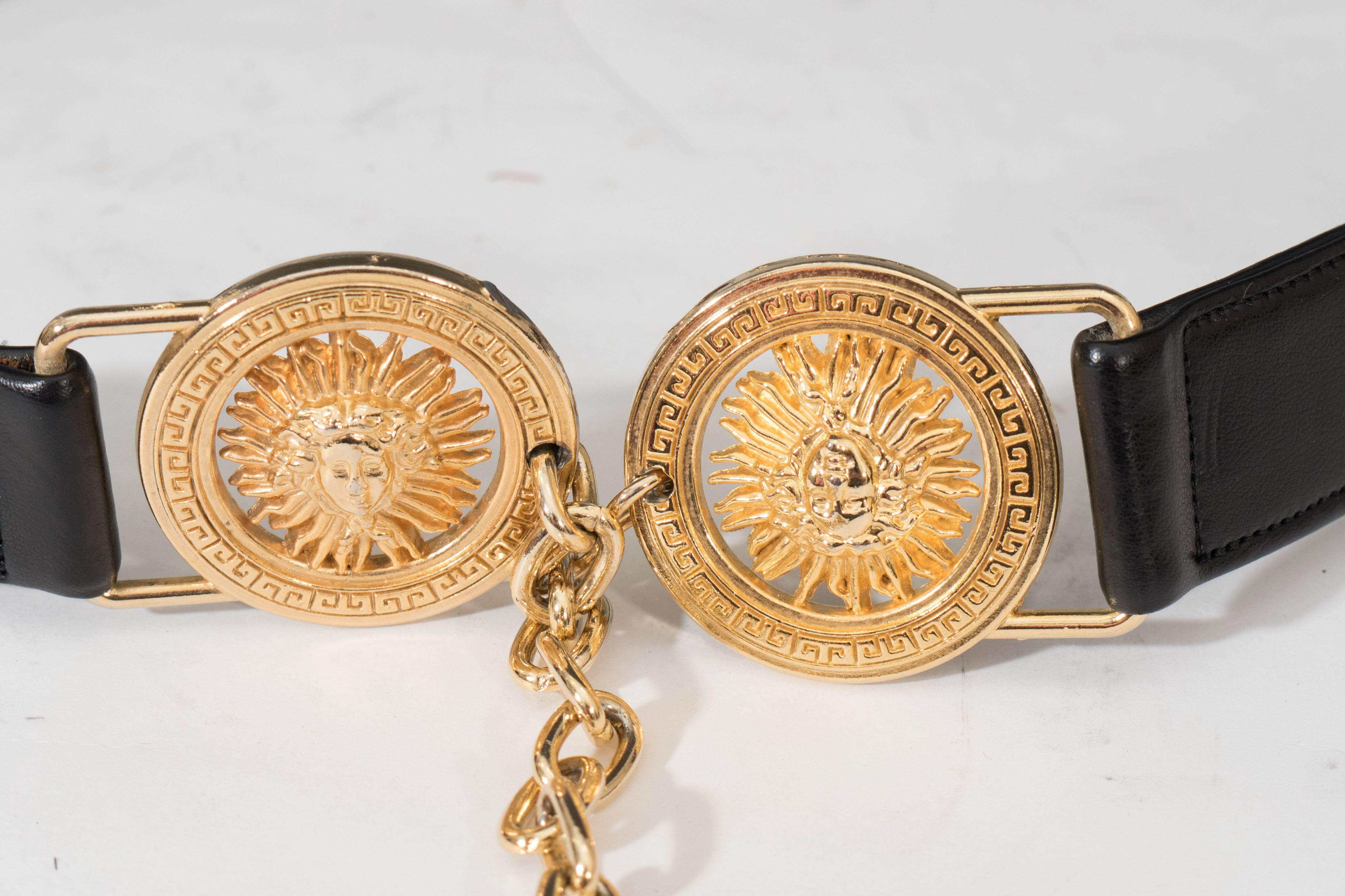 Versace Black Leather Belt with Gold Medallions In Good Condition In New York, NY