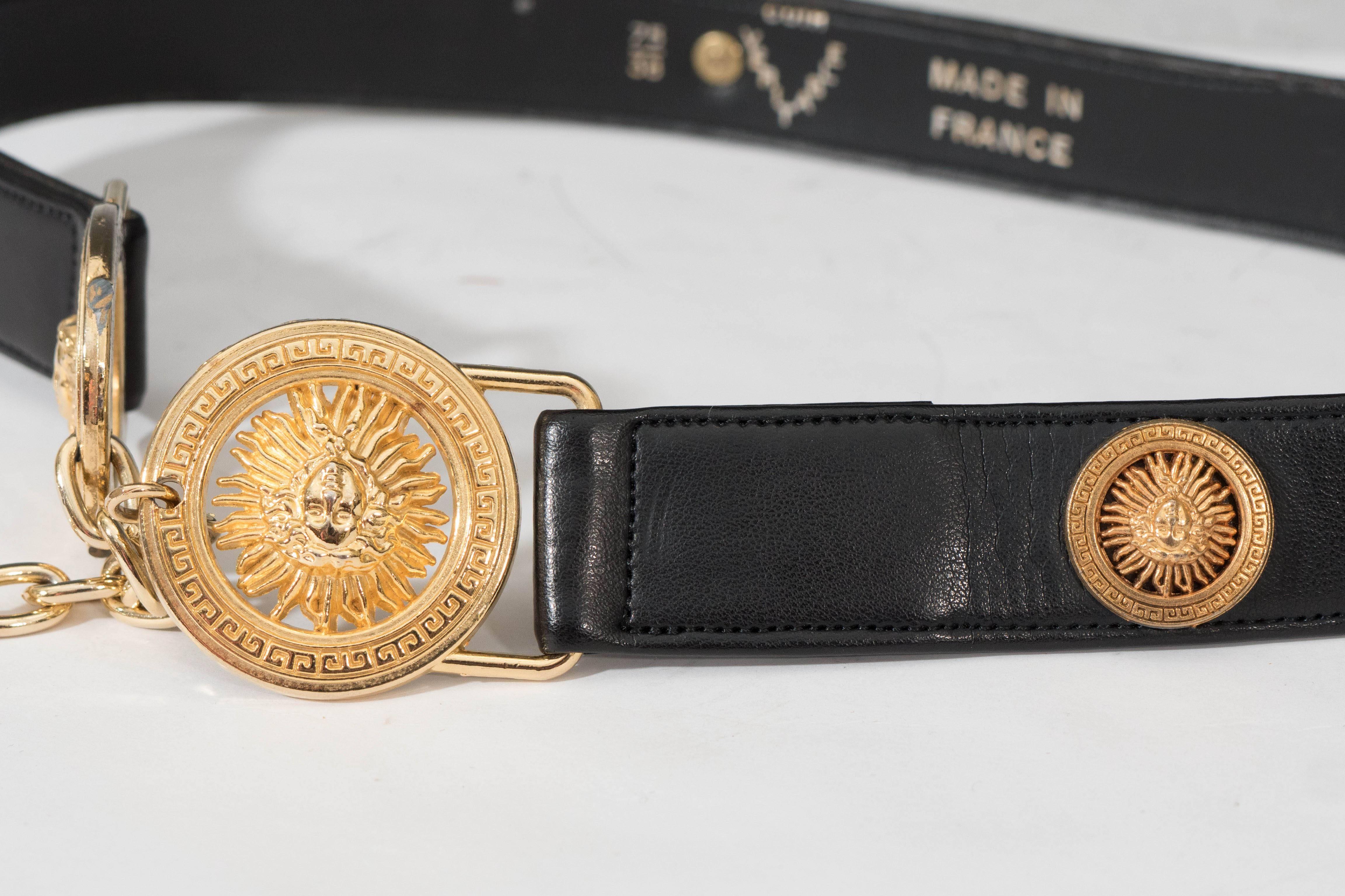 Late 20th Century Versace Black Leather Belt with Gold Medallions