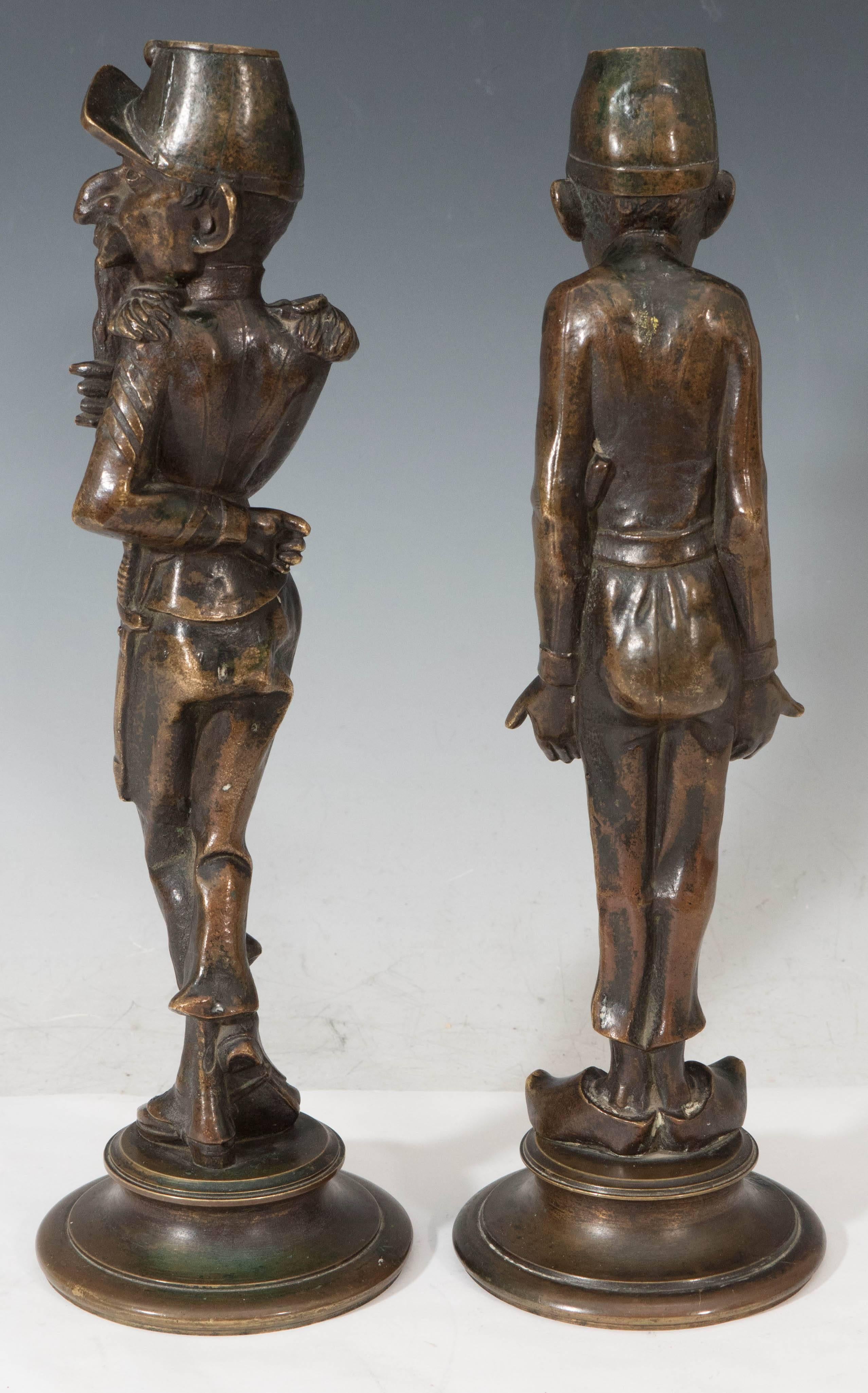 Pair of 19th Century Bronze Figural Candle Holders as Comical Soldiers 4