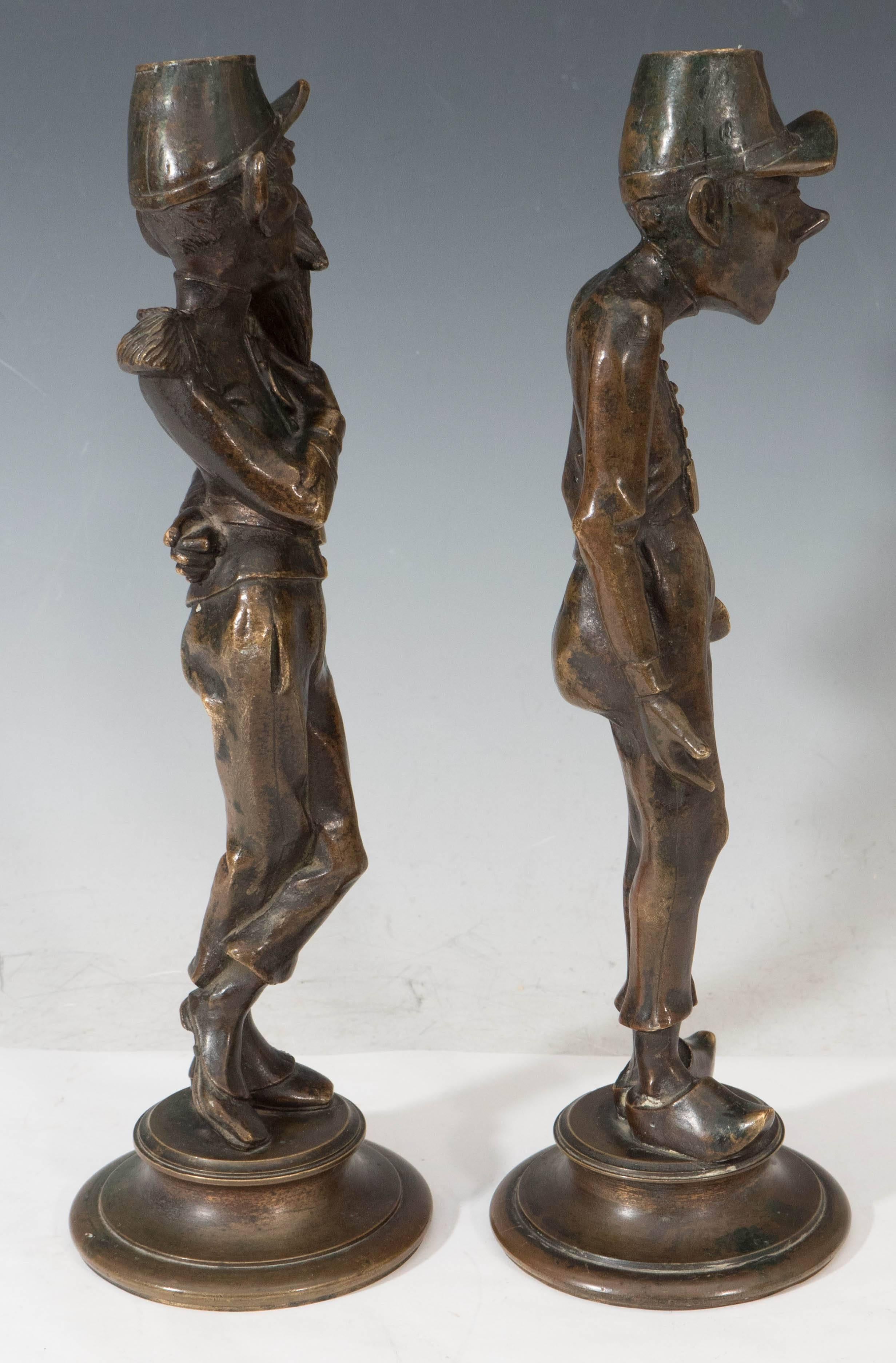 Pair of 19th Century Bronze Figural Candle Holders as Comical Soldiers 6